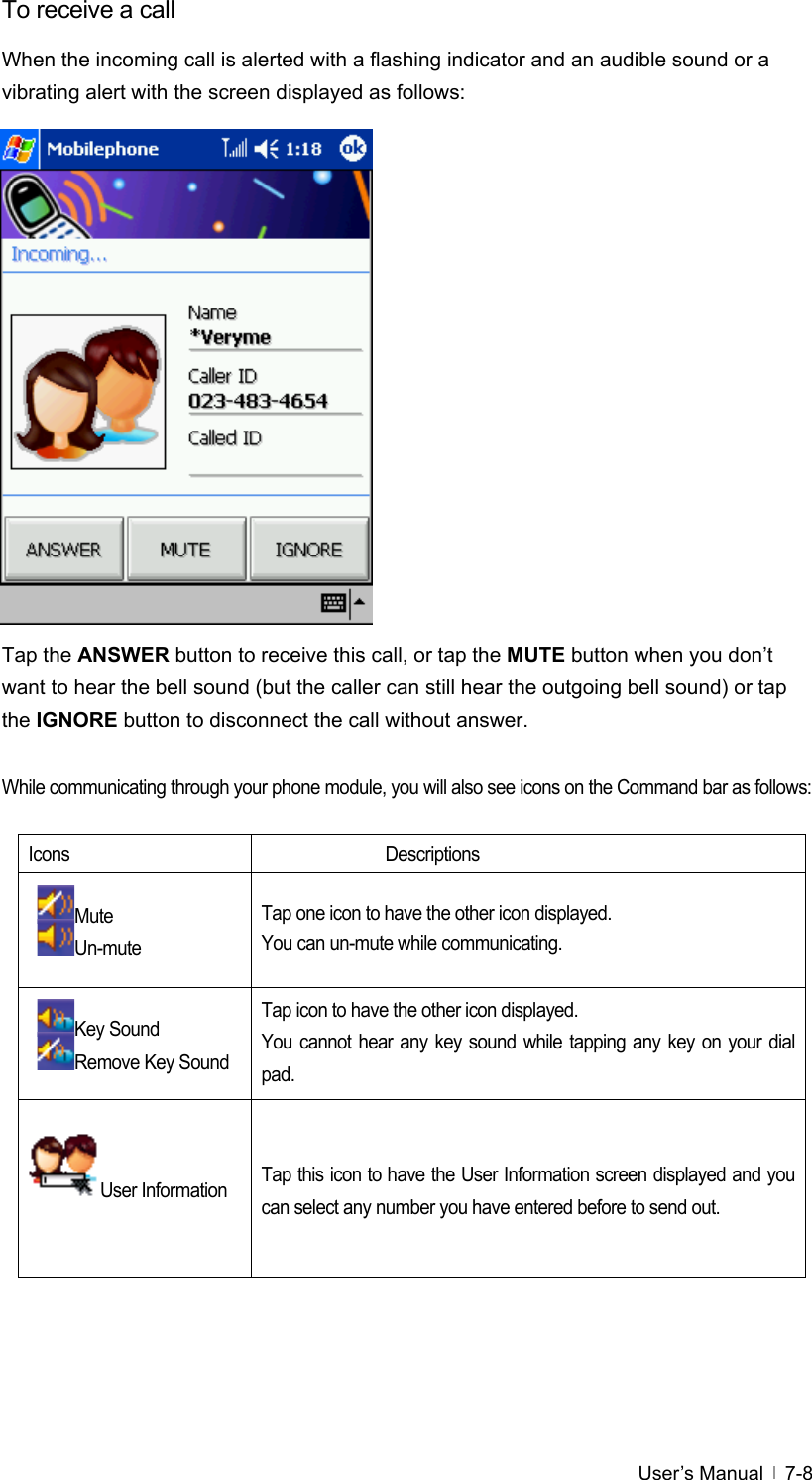  User’s Manual   7-8To receive a call When the incoming call is alerted with a flashing indicator and an audible sound or a vibrating alert with the screen displayed as follows:                   Tap the ANSWER button to receive this call, or tap the MUTE button when you don’t want to hear the bell sound (but the caller can still hear the outgoing bell sound) or tap the IGNORE button to disconnect the call without answer.  While communicating through your phone module, you will also see icons on the Command bar as follows:    Icons Descriptions Mute Un-mute Tap one icon to have the other icon displayed. You can un-mute while communicating. Key Sound Remove Key Sound Tap icon to have the other icon displayed. You cannot hear any key sound while tapping any key on your dial pad.  User Information  Tap this icon to have the User Information screen displayed and you can select any number you have entered before to send out.  