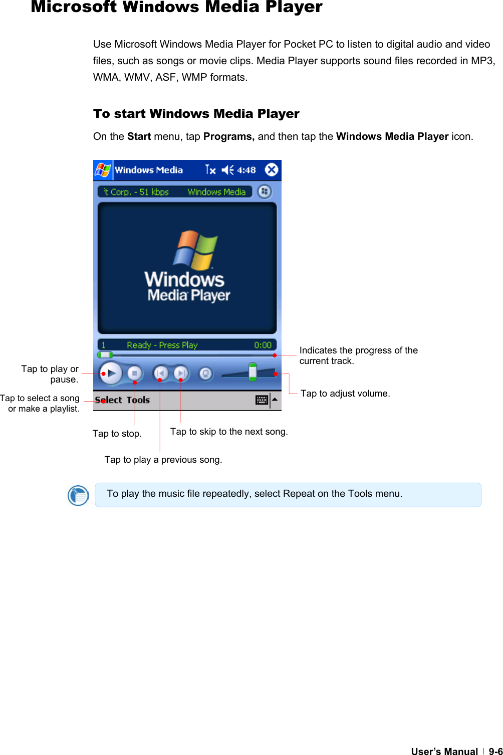  User’s Manual   9-6Microsoft Windows Media Player  Use Microsoft Windows Media Player for Pocket PC to listen to digital audio and video files, such as songs or movie clips. Media Player supports sound files recorded in MP3, WMA, WMV, ASF, WMP formats.  To start Windows Media Player On the Start menu, tap Programs, and then tap the Windows Media Player icon.                             Indicates the progress of the current track.Tap to adjust volume. Tap to stop.Tap to play a previous song.Tap to skip to the next song.Tap to play or pause.  Tap to select a song or make a playlist. To play the music file repeatedly, select Repeat on the Tools menu. 