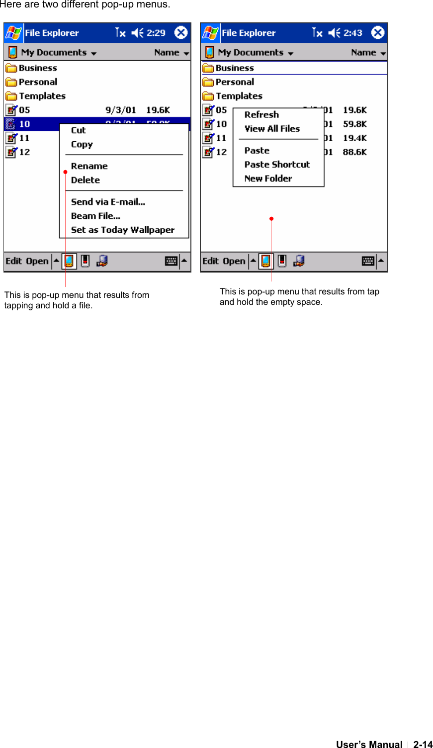  User’s Manual   2-14Here are two different pop-up menus.                      This is pop-up menu that results from tap and hold the empty space. This is pop-up menu that results from tapping and hold a file. 