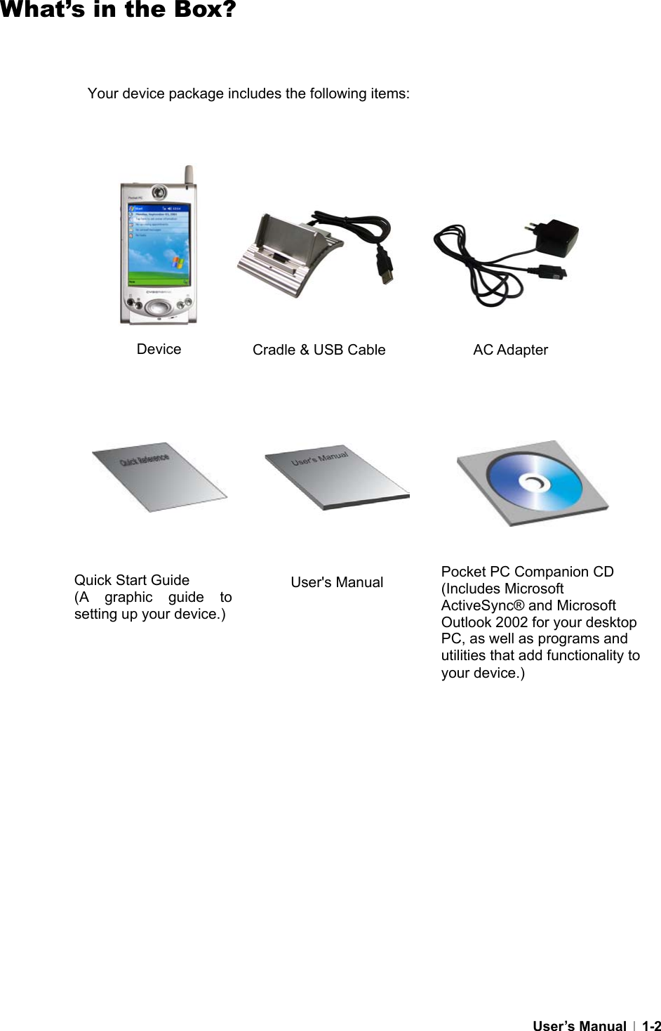  User’s Manual   1-2What’s in the Box?   Your device package includes the following items:    Device  Cradle &amp; USB Cable AC Adapter Quick Start Guide (A graphic guide to setting up your device.) User&apos;s Manual  Pocket PC Companion CD (Includes Microsoft ActiveSync® and Microsoft Outlook 2002 for your desktop PC, as well as programs and utilities that add functionality to your device.) 