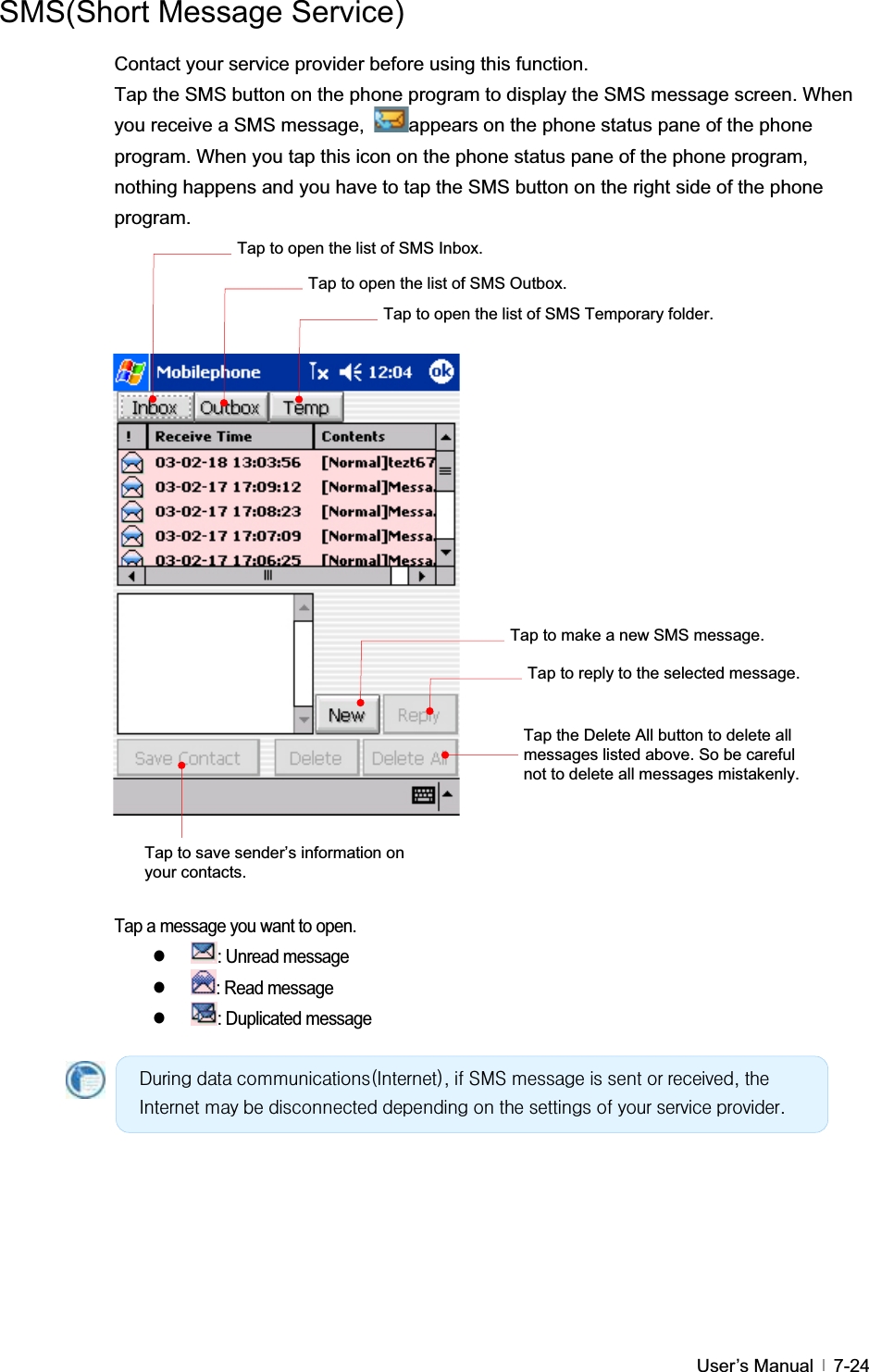 GUser’s Manual   7-24SMS(Short Message Service) Contact your service provider before using this function. Tap the SMS button on the phone program to display the SMS message screen. When you receive a SMS message,  appears on the phone status pane of the phone program. When you tap this icon on the phone status pane of the phone program, nothing happens and you have to tap the SMS button on the right side of the phone program. Tap a message you want to open. z: Unread message z: Read message z: Duplicated message Gxulqj#gdwd#frppxqlfdwlrqv+Lqwhuqhw,/#li#VPV#phvvdjh#lv#vhqw#ru#uhfhlyhg/#wkh#Lqwhuqhw#pd|#eh#glvfrqqhfwhg#ghshqglqj#rq#wkh#vhwwlqjv#ri#|rxu#vhuylfh#surylghu1#Tap the Delete All button to delete all messages listed above. So be careful not to delete all messages mistakenly. Tap to save sender’s information on your contacts. Tap to make a new SMS message. Tap to reply to the selected message. Tap to open the list of SMS Inbox. Tap to open the list of SMS Outbox.Tap to open the list of SMS Temporary folder. 