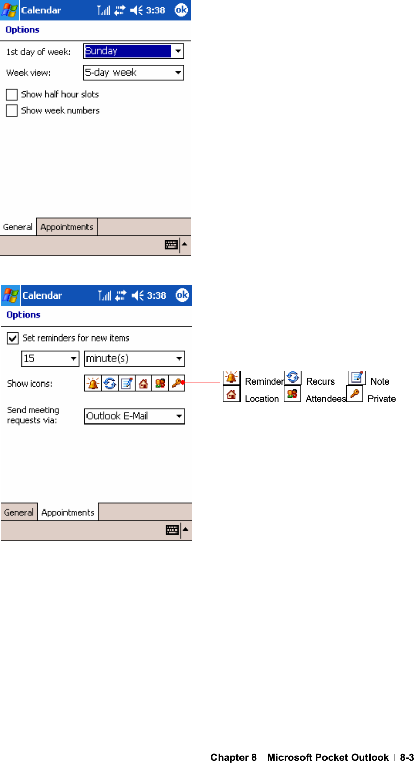 GChapter 8  Microsoft Pocket Outlook  8-3 Reminder  Recurs     Note  Location   Attendees  Private