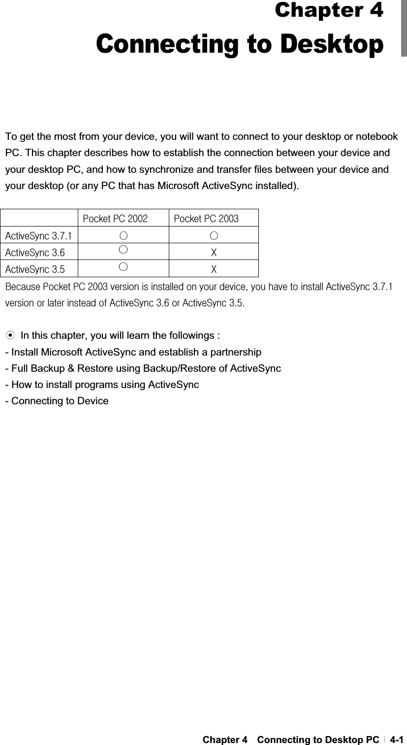GChapter 4  Connecting to Desktop PC  4-1To get the most from your device, you will want to connect to your desktop or notebook PC. This chapter describes how to establish the connection between your device and your desktop PC, and how to synchronize and transfer files between your device and your desktop (or any PC that has Microsoft ActiveSync installed).   G wGwjGYWWYG G wGwjGYWWZG GhzGZU^UXG ̺G ̺GhzGZU]G̺GGhzGZU\G̺GGiGwGwjGYWWZGGGGGGSGGGGGhzGZU^UXGGGGGGhzGZU]GGhzGZU\UGඝ  In this chapter, you will learn the followings : - Install Microsoft ActiveSync and establish a partnership - Full Backup &amp; Restore using Backup/Restore of ActiveSync - How to install programs using ActiveSync - Connecting to Device Chapter 4Connecting to Desktop