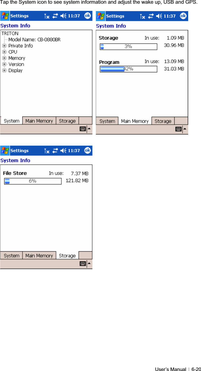 GGUser’s Manual   6-20Tap the System icon to see system information and adjust the wake up, USB and GPS. 