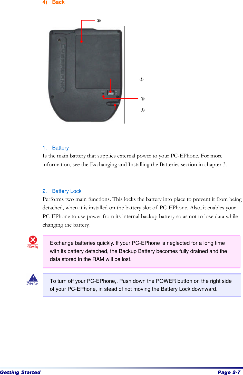 Getting Started  Page 2-7   4) Back                 1. Battery Is the main battery that supplies external power to your PC-EPhone. For more information, see the Exchanging and Installing the Batteries section in chapter 3.    2. Battery Lock Performs two main functions. This locks the battery into place to prevent it from being detached, when it is installed on the battery slot of PC-EPhone. Also, it enables your PC-EPhone to use power from its internal backup battery so as not to lose data while changing the battery.               Exchange batteries quickly. If your PC-EPhone is neglected for a long time with its battery detached, the Backup Battery becomes fully drained and the data stored in the RAM will be lost. To turn off your PC-EPhone,. Push down the POWER button on the right side of your PC-EPhone, in stead of not moving the Battery Lock downward. ⑤ ② ③ ④ 