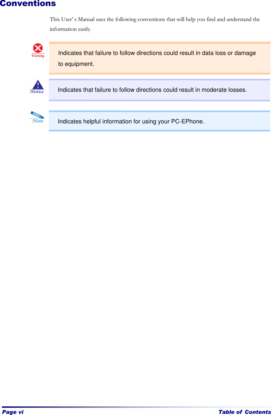   Page vi Table of Contents Conventions This User’s Manual uses the following conventions that will help you find and understand the information easily.   Indicates helpful information for using your PC-EPhone. Indicates that failure to follow directions could result in data loss or damage to equipment. Indicates that failure to follow directions could result in moderate losses. 