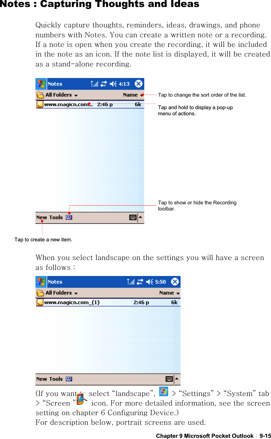 GChapter 9 Microsoft Pocket Outlook   9-15Notes : Capturing Thoughts and IdeasxGGSGSGSGSGGGGGuUGGGGGGGGGUGpGGGGGGGGGSGGGGGGGGGGUGpGGGGGSGGGGGGGTGUGG~GGGGGGGGGGGGGGaG GOpGGGGGˈˉSG G eGˈzˉGeGˈzˉGGeGˈzGˉ G UGmGGGSGGGGGGG]GjGkUPmGGSGGGGUTap to change the sort order of the list.Tap and hold to display a pop-up menu of actions. Tap to show or hide the Recording toolbar.Tap to create a new item. 