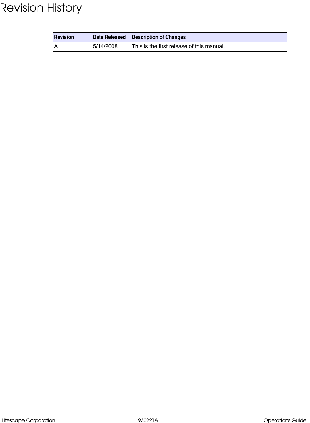 Litescape Corporation 930221A Operations GuideRevision HistoryRevision Date Released Description of ChangesA 5/14/2008 This is the first release of this manual.