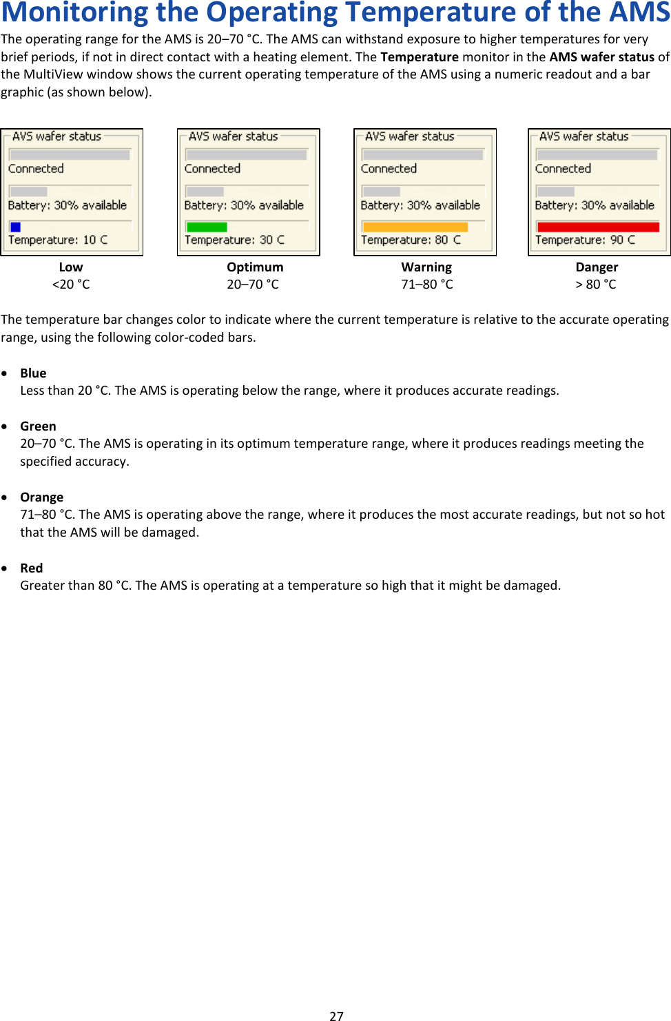   27 Monitoring the Operating Temperature of the AMS The operating range for the AMS is 20&ndash;70 &deg;C. The AMS can withstand exposure to higher temperatures for very brief periods, if not in direct contact with a heating element. The Temperature monitor in the AMS wafer status of the MultiView window shows the current operating temperature of the AMS using a numeric readout and a bar graphic (as shown below).          Low  Optimum  Warning  Danger <20 &deg;C 20&ndash;70 &deg;C  71&ndash;80 &deg;C  > 80 &deg;C  The temperature bar changes color to indicate where the current temperature is relative to the accurate operating range, using the following color-coded bars.  &bull; Blue Less than 20 &deg;C. The AMS is operating below the range, where it produces accurate readings.  &bull; Green 20&ndash;70 &deg;C. The AMS is operating in its optimum temperature range, where it produces readings meeting the specified accuracy.  &bull; Orange 71&ndash;80 &deg;C. The AMS is operating above the range, where it produces the most accurate readings, but not so hot that the AMS will be damaged.  &bull; Red Greater than 80 &deg;C. The AMS is operating at a temperature so high that it might be damaged.                       