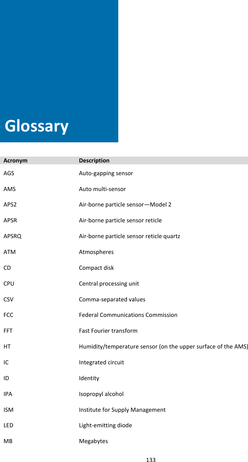   133                Glossary     Acronym Description   AGS Auto-gapping sensor   AMS Auto multi-sensor   APS2 Air-borne particle sensor—Model 2   APSR Air-borne particle sensor reticle   APSRQ Air-borne particle sensor reticle quartz   ATM Atmospheres   CD Compact disk   CPU Central processing unit   CSV Comma-separated values   FCC Federal Communications Commission   FFT Fast Fourier transform   HT Humidity/temperature sensor (on the upper surface of the AMS)   IC Integrated circuit   ID Identity   IPA Isopropyl alcohol   ISM Institute for Supply Management   LED Light-emitting diode   MB Megabytes Glossary 
