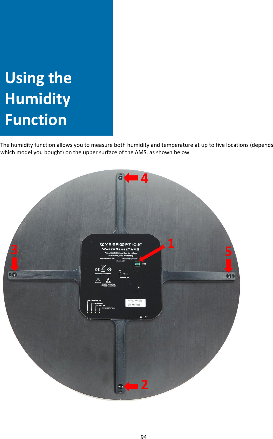   94                Using the Humidity Function    The humidity function allows you to measure both humidity and temperature at up to five locations (depends which model you bought) on the upper surface of the AMS, as shown below.                                    Using the Humidity Function 1  2  3  5  4  