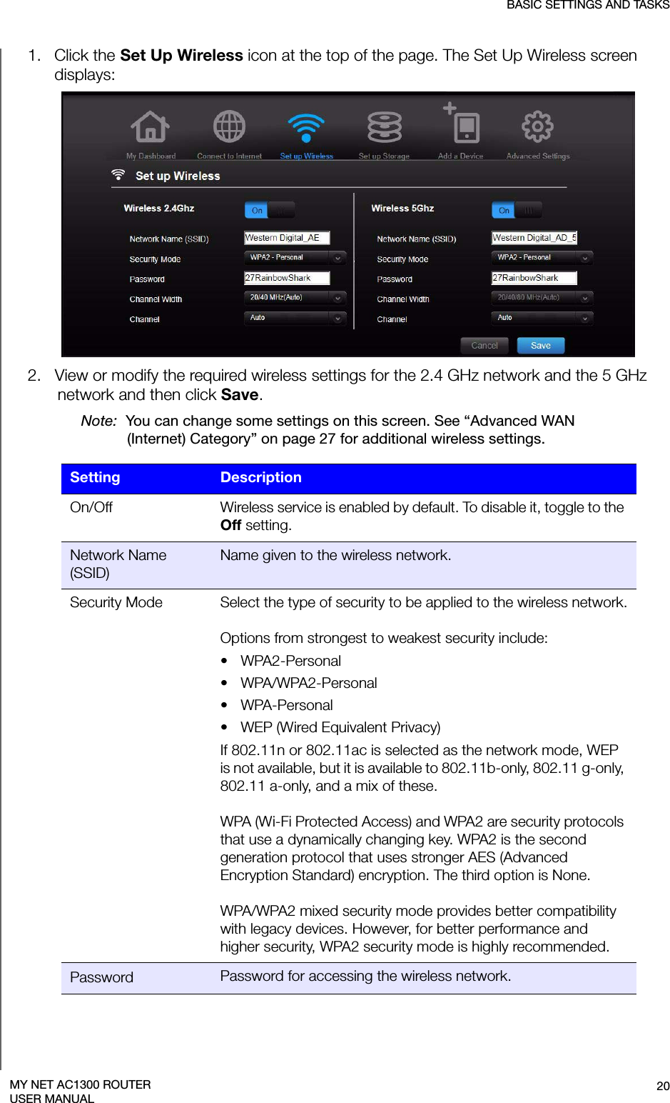 BASIC SETTINGS AND TASKS20MY NET AC1300 ROUTERUSER MANUAL1.   Click the Set Up Wireless icon at the top of the page. The Set Up Wireless screen displays:2.   View or modify the required wireless settings for the 2.4 GHz network and the 5 GHz network and then click Save.Note:  You can change some settings on this screen. See “Advanced WAN (Internet) Category” on page 27 for additional wireless settings. Setting DescriptionOn/Off Wireless service is enabled by default. To disable it, toggle to the Off setting. Network Name (SSID)Name given to the wireless network.Security Mode Select the type of security to be applied to the wireless network.Options from strongest to weakest security include: • WPA2-Personal• WPA/WPA2-Personal•WPA-Personal• WEP (Wired Equivalent Privacy)If 802.11n or 802.11ac is selected as the network mode, WEP is not available, but it is available to 802.11b-only, 802.11 g-only, 802.11 a-only, and a mix of these. WPA (Wi-Fi Protected Access) and WPA2 are security protocols that use a dynamically changing key. WPA2 is the second generation protocol that uses stronger AES (Advanced Encryption Standard) encryption. The third option is None.WPA/WPA2 mixed security mode provides better compatibility with legacy devices. However, for better performance and higher security, WPA2 security mode is highly recommended.Password Password for accessing the wireless network.