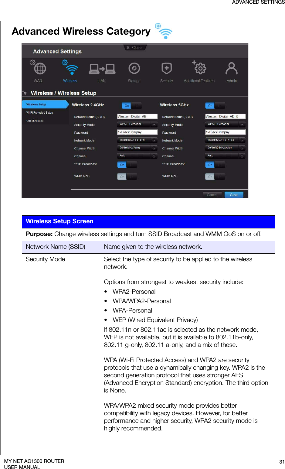 ADVANCED SETTINGS31MY NET AC1300 ROUTERUSER MANUALAdvanced Wireless Category Wireless Setup ScreenPurpose: Change wireless settings and turn SSID Broadcast and WMM QoS on or off.Network Name (SSID) Name given to the wireless network.Security Mode Select the type of security to be applied to the wireless network.Options from strongest to weakest security include: • WPA2-Personal•WPA/WPA2-Personal•WPA-Personal• WEP (Wired Equivalent Privacy)If 802.11n or 802.11ac is selected as the network mode, WEP is not available, but it is available to 802.11b-only, 802.11 g-only, 802.11 a-only, and a mix of these. WPA (Wi-Fi Protected Access) and WPA2 are security protocols that use a dynamically changing key. WPA2 is the second generation protocol that uses stronger AES (Advanced Encryption Standard) encryption. The third option is None.WPA/WPA2 mixed security mode provides better compatibility with legacy devices. However, for better performance and higher security, WPA2 security mode is highly recommended.