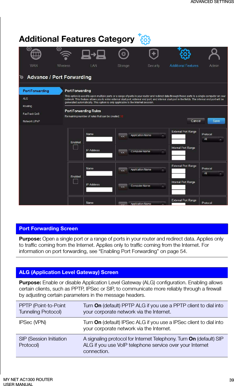 ADVANCED SETTINGS39MY NET AC1300 ROUTERUSER MANUALAdditional Features Category Port Forwarding ScreenPurpose: Open a single port or a range of ports in your router and redirect data. Applies only to traffic coming from the Internet. Applies only to traffic coming from the Internet. For information on port forwarding, see “Enabling Port Forwarding” on page 54.ALG (Application Level Gateway) ScreenPurpose: Enable or disable Application Level Gateway (ALG) configuration. Enabling allows certain clients, such as PPTP, IPSec or SIP, to communicate more reliably through a firewall by adjusting certain parameters in the message headers.PPTP (Point-to-Point Tunneling Protocol)Turn On (default) PPTP ALG if you use a PPTP client to dial into your corporate network via the Internet. IPSec (VPN) Turn On (default) IPSec ALG if you use a IPSec client to dial into your corporate network via the Internet.SIP (Session Initiation Protocol)A signaling protocol for Internet Telephony. Turn On (default) SIP ALG if you use VoIP telephone service over your Internet connection.