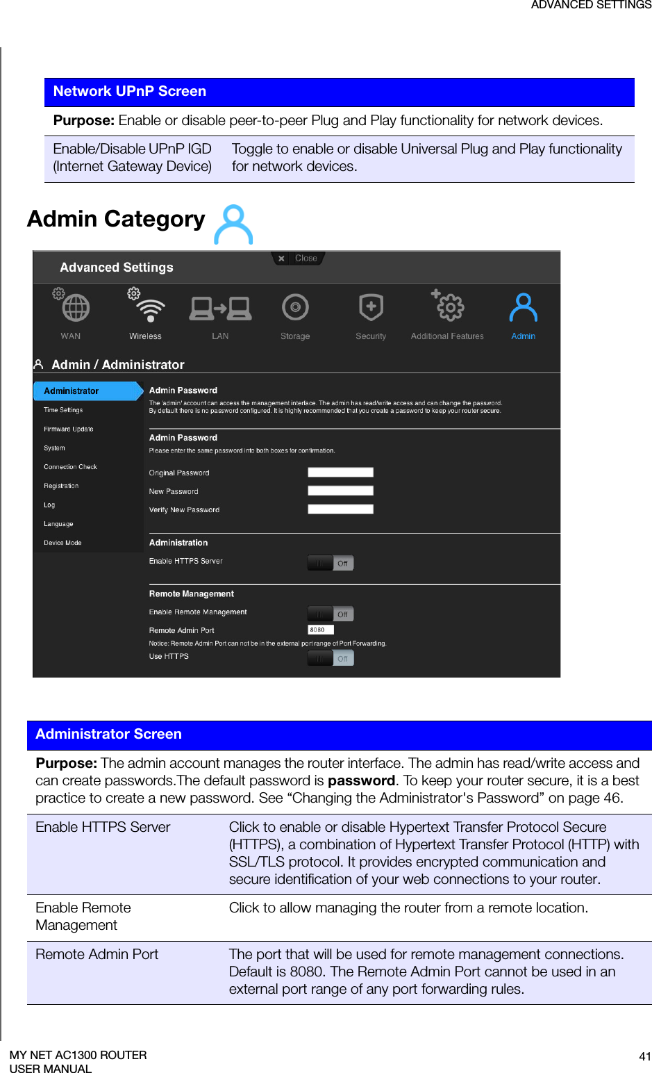 ADVANCED SETTINGS41MY NET AC1300 ROUTERUSER MANUALAdmin Category Network UPnP ScreenPurpose: Enable or disable peer-to-peer Plug and Play functionality for network devices.Enable/Disable UPnP IGD (Internet Gateway Device)Toggle to enable or disable Universal Plug and Play functionality for network devices.Administrator ScreenPurpose: The admin account manages the router interface. The admin has read/write access and can create passwords.The default password is password. To keep your router secure, it is a best practice to create a new password. See “Changing the Administrator&apos;s Password” on page 46.Enable HTTPS Server Click to enable or disable Hypertext Transfer Protocol Secure (HTTPS), a combination of Hypertext Transfer Protocol (HTTP) with SSL/TLS protocol. It provides encrypted communication and secure identification of your web connections to your router.Enable Remote ManagementClick to allow managing the router from a remote location.Remote Admin Port The port that will be used for remote management connections. Default is 8080. The Remote Admin Port cannot be used in an external port range of any port forwarding rules.