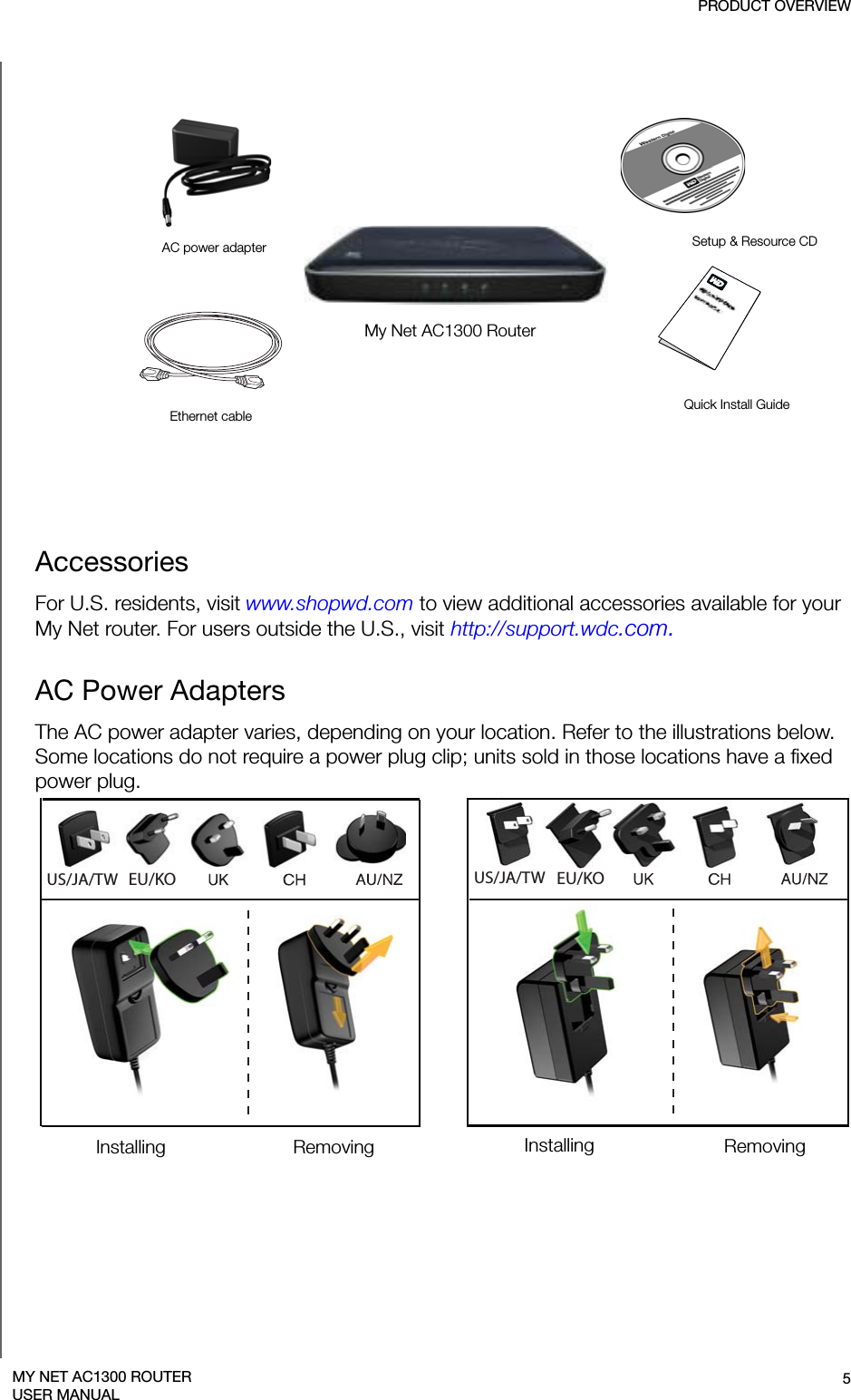 AC power adapterEthernet cable Quick Install GuideSetup &amp; Resource CDMy Net AC1300 RouterPRODUCT OVERVIEW5MY NET AC1300 ROUTERUSER MANUALAccessoriesFor U.S. residents, visit www.shopwd.com to view additional accessories available for your My Net router. For users outside the U.S., visit http://support.wdc.com.AC Power AdaptersThe AC power adapter varies, depending on your location. Refer to the illustrations below. Some locations do not require a power plug clip; units sold in those locations have a fixed power plug.EU/KO EU/KOUS/JA/TW US/JA/TWInstalling InstallingRemoving RemovingEU/KO EU/KOUS/JA/TW US/JA/TW