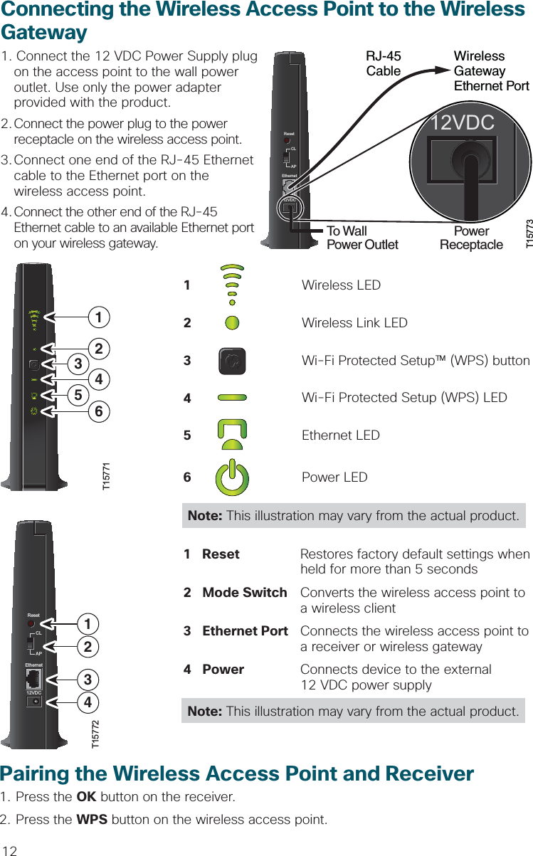 12Connecting the Wireless Access Point to the Wireless Gateway1.Connect the 12 VDC Power Supply plug on the access point to the wall power outlet. Use only the power adapter provided with the product.2. Connect the power plug to the power receptacle on the wireless access point.3. Connect one end of the RJ-45 Ethernet cable to the Ethernet port on the wireless access point.4. Connect the other end of the RJ-45 Ethernet cable to an available Ethernet port on your wireless gateway.1  Wireless LED2   Wireless Link LED3   Wi-Fi Protected Setup™ (WPS) button 4   Wi-Fi Protected Setup (WPS) LED 5  Ethernet LED6  Power LED  Note: This illustration may vary from the actual product.1 Reset  Restores factory default settings when      held for more than 5 seconds2 Mode Switch  Converts the wireless access point to      a wireless client3 Ethernet Port  Connects the wireless access point to      a receiver or wireless gateway4 Power  Connects device to the external        12 VDC power supplyNote: This illustration may vary from the actual product.Pairing the Wireless Access Point and Receiver1. Press the OK button on the receiver.2. Press the WPS button on the wireless access point.T15773PowerReceptacleRJ-45CableResetEthernet12VDCCLAP12VDCTo WallPower OutletWirelessGatewayEthernet PortT15771123456ResetEthernet12VDCCLAPT157721234