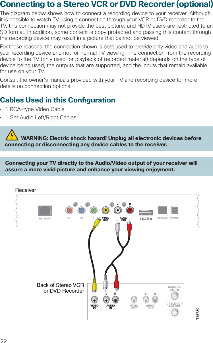 22Connecting to a Stereo VCR or DVD Recorder (optional)The diagram below shows how to connect a recording device to your receiver. Although it is possible to watch TV using a connection through your VCR or DVD recorder to the TV, this connection may not provide the best picture, and HDTV users are restricted to an SD format. In addition, some content is copy protected and passing this content through the recording device may result in a picture that cannot be viewed.For these reasons, the connection shown is best used to provide only video and audio to your recording device and not for normal TV viewing. The connection from the recording device to the TV (only used for playback of recorded material) depends on the type of device being used, the outputs that are supported, and the inputs that remain available for use on your TV.Consult the owner’s manuals provided with your TV and recording device for more details on connection options.Cables Used in this Con guration•  1 RCA-type Video Cable•  1 Set Audio Left/Right CablesConnecting your TV directly to the Audio/Video output of your receiver will assure a more vivid picture and enhance your viewing enjoyment.  WARNING: Electric shock hazard! Unplug all electronic devices before connecting or disconnecting any device cables to the receiver.T15780ReceiverNETWORKLRPr Pb Y VIDEOOUT AUDIOOUT OPTICAL POWERBack of Stereo VCRor DVD RecorderCABLE OUT/ANT OUTRLAUDIOINVIDEOINRLAUDIOOUTVIDEOOUTCABLE IN/ANT IN