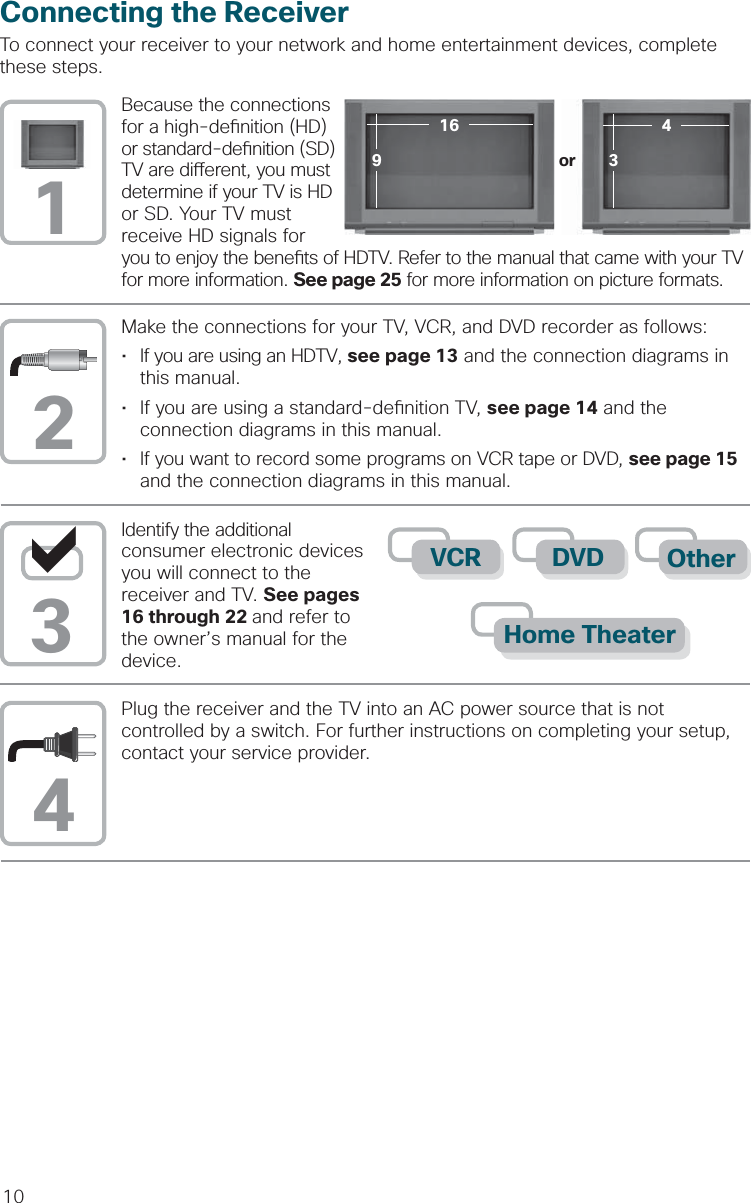 10Because the connections for a high-de nition (HD) or standard-de nition (SD) TV are di erent, you must determine if your TV is HD or SD. Your TV must receive HD signals for you to enjoy the bene ts of HDTV. Refer to the manual that came with your TV for more information. See page 25 for more information on picture formats.Connecting the ReceiverTo connect your receiver to your network and home entertainment devices, complete these steps.Identify the additional consumer electronic devices you will connect to the receiver and TV. See pages 16 through 22 and refer to the owner’s manual for the device.Plug the receiver and the TV into an AC power source that is not controlled by a switch. For further instructions on completing your setup, contact your service provider.Make the connections for your TV, VCR, and DVD recorder as follows:•  If you are using an HDTV, see page 13 and the connection diagrams in   this manual.•  If you are using a standard-de nition TV, see page 14 and the      connection diagrams in this manual.•  If you want to record some programs on VCR tape or DVD, see page 15   and the connection diagrams in this manual.1243DHome TheaterOtherDVDVCR916 43or