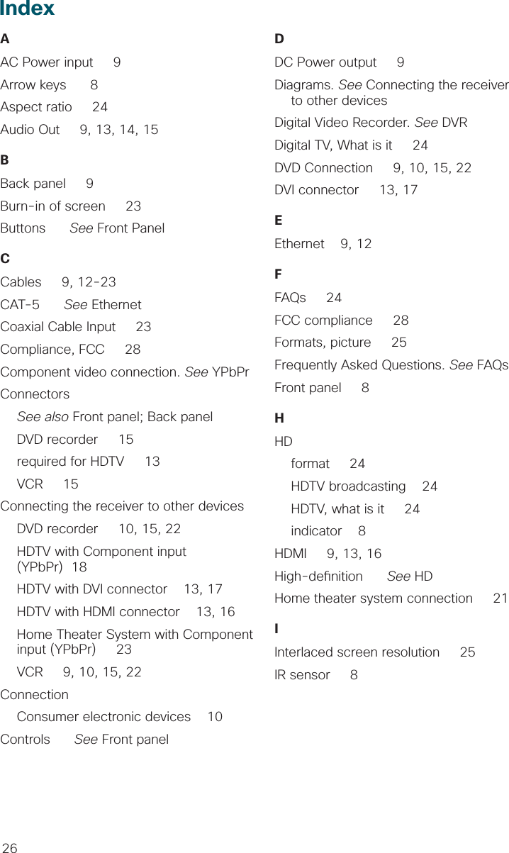 26AAC Power input     9Arrow keys      8Aspect ratio     24Audio Out     9, 13, 14, 15BBack panel     9Burn-in of screen     23Buttons      See Front PanelCCables     9, 12-23CAT-5      See EthernetCoaxial Cable Input     23Compliance, FCC     28Component video connection. See YPbPrConnectors See also Front panel; Back panel  DVD recorder     15  required for HDTV     13  VCR     15Connecting the receiver to other devices    DVD recorder     10, 15, 22  HDTV with Component input (YPbPr)  18   HDTV with DVI connector    13, 17  HDTV with HDMI connector    13, 16   Home Theater System with Component input (YPbPr)     23  VCR     9, 10, 15, 22Connection  Consumer electronic devices    10Controls      See Front panelDDC Power output     9Diagrams. See Connecting the receiverto other devicesDigital Video Recorder. See DVRDigital TV, What is it     24DVD Connection     9, 10, 15, 22DVI connector     13, 17EEthernet    9, 12FFAQs     24FCC compliance     28Formats, picture     25Frequently Asked Questions. See FAQsFront panel     8HHD   format     24  HDTV broadcasting    24  HDTV, what is it     24  indicator    8HDMI     9, 13, 16High-de nition      See HDHome theater system connection     21IInterlaced screen resolution     25IR sensor     8Index