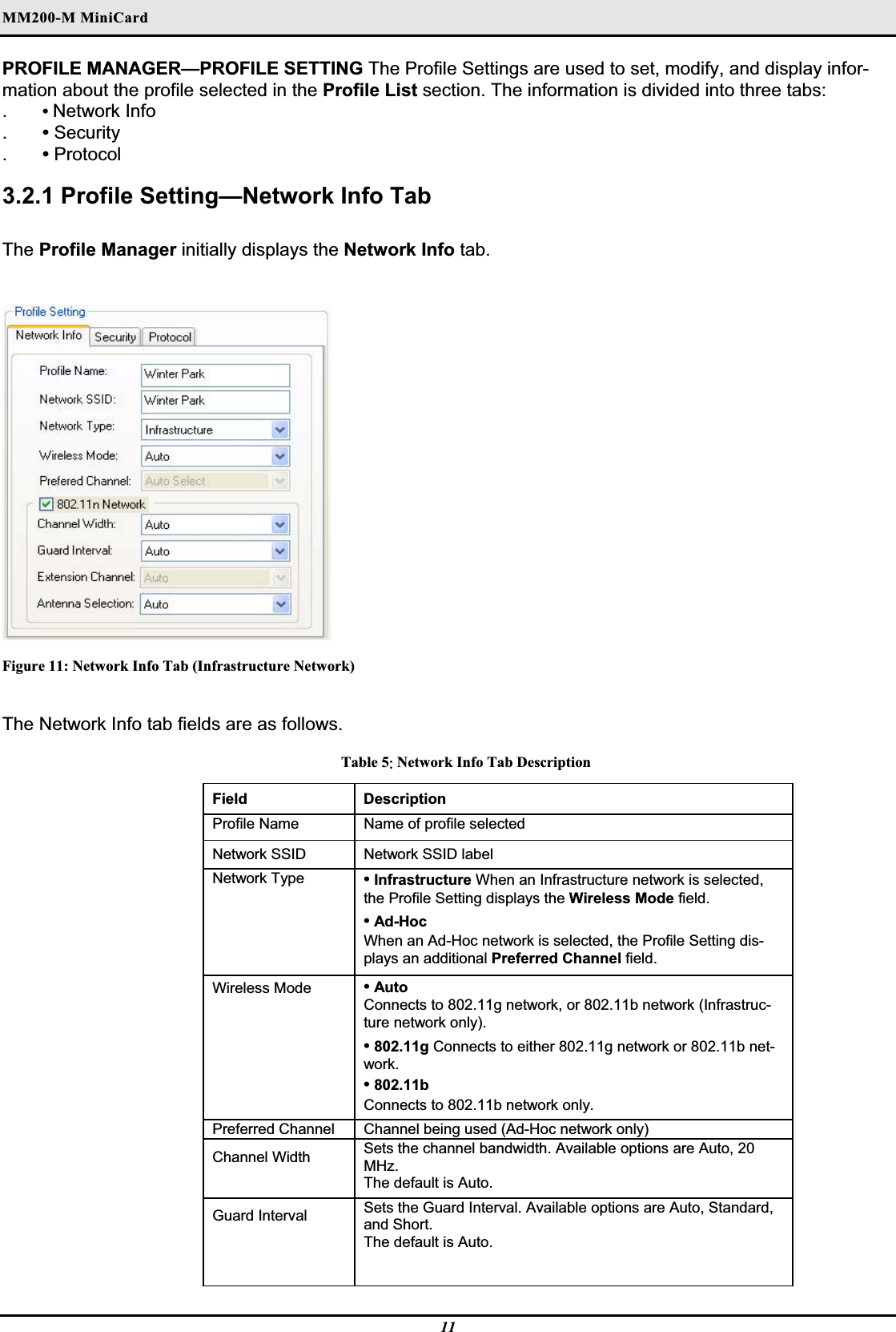 MM200-M MiniCardʳPROFILE MANAGER—PROFILE SETTING The Profile Settings are used to set, modify, and display infor-mation about the profile selected in the Profile List section. The information is divided into three tabs:.•Network Info.•Security.•Protocol3.2.1 Profile Setting—Network Info Tab The Profile Manager initially displays the Network Info tab.Figure 11: Network Info Tab (Infrastructure Network) The Network Info tab fields are as follows.Table 5ˍ Network Info Tab Description Field Description Profile Name Name of profile selectedNetwork SSID   Network SSID label  Network Type   •Infrastructure When an Infrastructure network is selected, the Profile Setting displays the Wireless Mode field.•Ad-Hoc When an Ad-Hoc network is selected, the Profile Setting dis-plays an additional Preferred Channel field.Wireless Mode   •Auto Connects to 802.11g network, or 802.11b network (Infrastruc-ture network only).  •802.11g Connects to either 802.11g network or 802.11b net-work.  •802.11b Connects to 802.11b network only.  Preferred Channel Channel being used (Ad-Hoc network only)  Channel Width   Sets the channel bandwidth. Available options are Auto, 20 MHz.The default is Auto.  Guard Interval Sets the Guard Interval. Available options are Auto, Standard, and Short.The default is Auto.  11