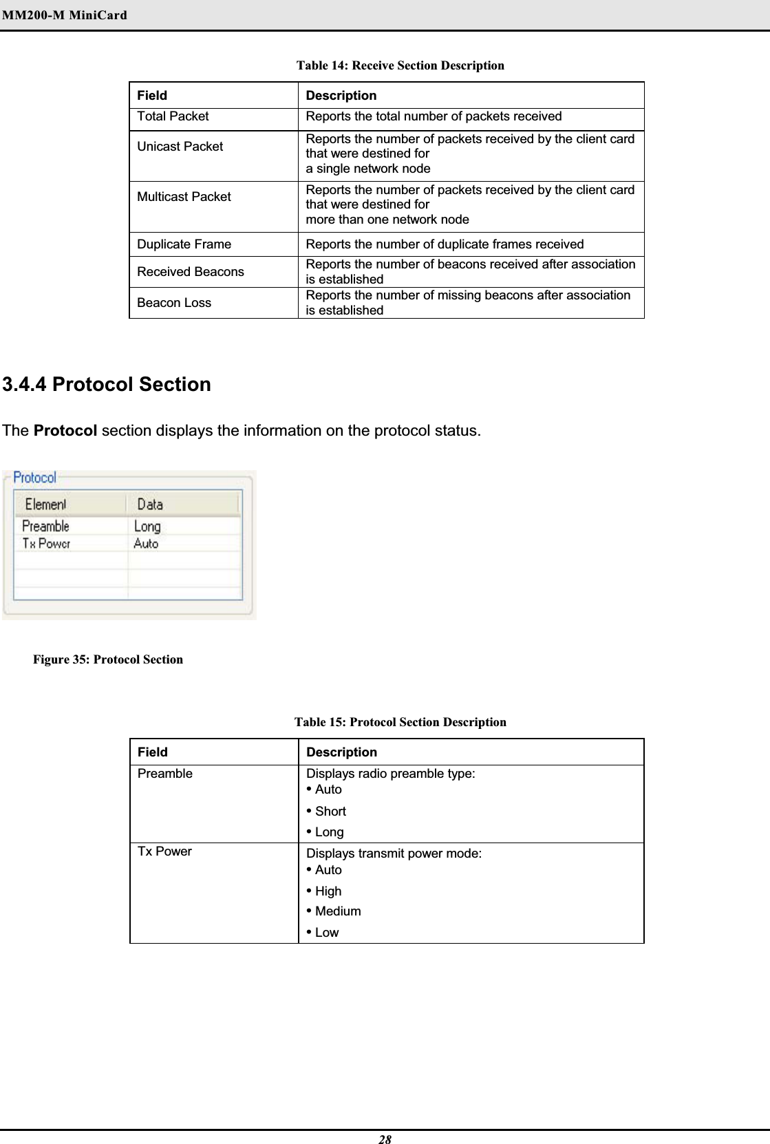 MM200-M MiniCardʳTable 14: Receive Section Description Field Description Total Packet   Reports the total number of packets receivedUnicast Packet Reports the number of packets received by the client card that were destined for  a single network node  Multicast Packet Reports the number of packets received by the client card that were destined for  more than one network node  Duplicate Frame   Reports the number of duplicate frames receivedReceived Beacons Reports the number of beacons received after association is establishedBeacon Loss Reports the number of missing beacons after association is established3.4.4 Protocol Section The Protocol section displays the information on the protocol status.Figure 35: Protocol Section Table 15: Protocol Section Description Field Description Preamble Displays radio preamble type: •Auto•Short•LongTx Power   Displays transmit power mode:  •Auto•High•Medium•Low  28