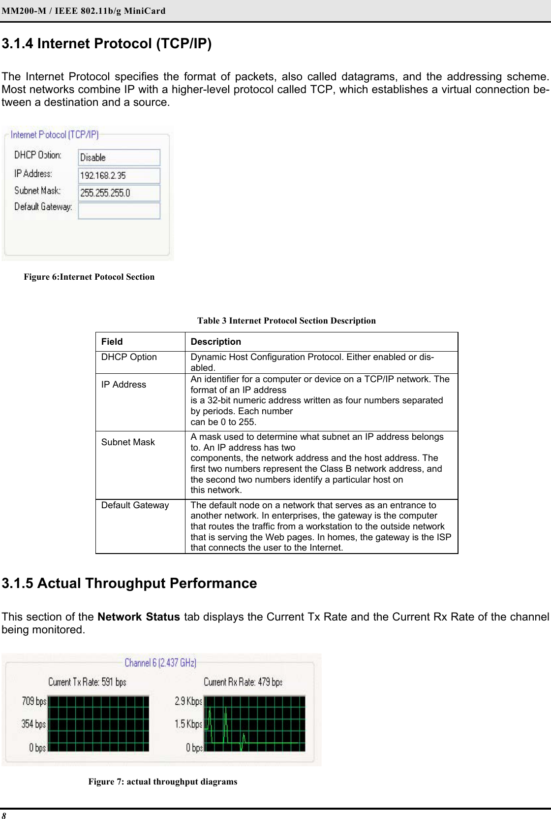 MM200-M / IEEE 802.11b/g MiniCard 8 3.1.4 Internet Protocol (TCP/IP)   The Internet Protocol specifies the format of packets, also called datagrams, and the addressing scheme. Most networks combine IP with a higher-level protocol called TCP, which establishes a virtual connection be-tween a destination and a source.   Figure 6:Internet Potocol Section  Table 3 Internet Protocol Section Description Field  Description  DHCP Option   Dynamic Host Configuration Protocol. Either enabled or dis-abled.  IP Address   An identifier for a computer or device on a TCP/IP network. The format of an IP address   is a 32-bit numeric address written as four numbers separated by periods. Each number   can be 0 to 255.  Subnet Mask   A mask used to determine what subnet an IP address belongs to. An IP address has two   components, the network address and the host address. The first two numbers represent the Class B network address, and the second two numbers identify a particular host on   this network.  Default Gateway   The default node on a network that serves as an entrance to another network. In enterprises, the gateway is the computer that routes the traffic from a workstation to the outside network that is serving the Web pages. In homes, the gateway is the ISP that connects the user to the Internet.   3.1.5 Actual Throughput Performance   This section of the Network Status tab displays the Current Tx Rate and the Current Rx Rate of the channel being monitored.   Figure 7: actual throughput diagrams 