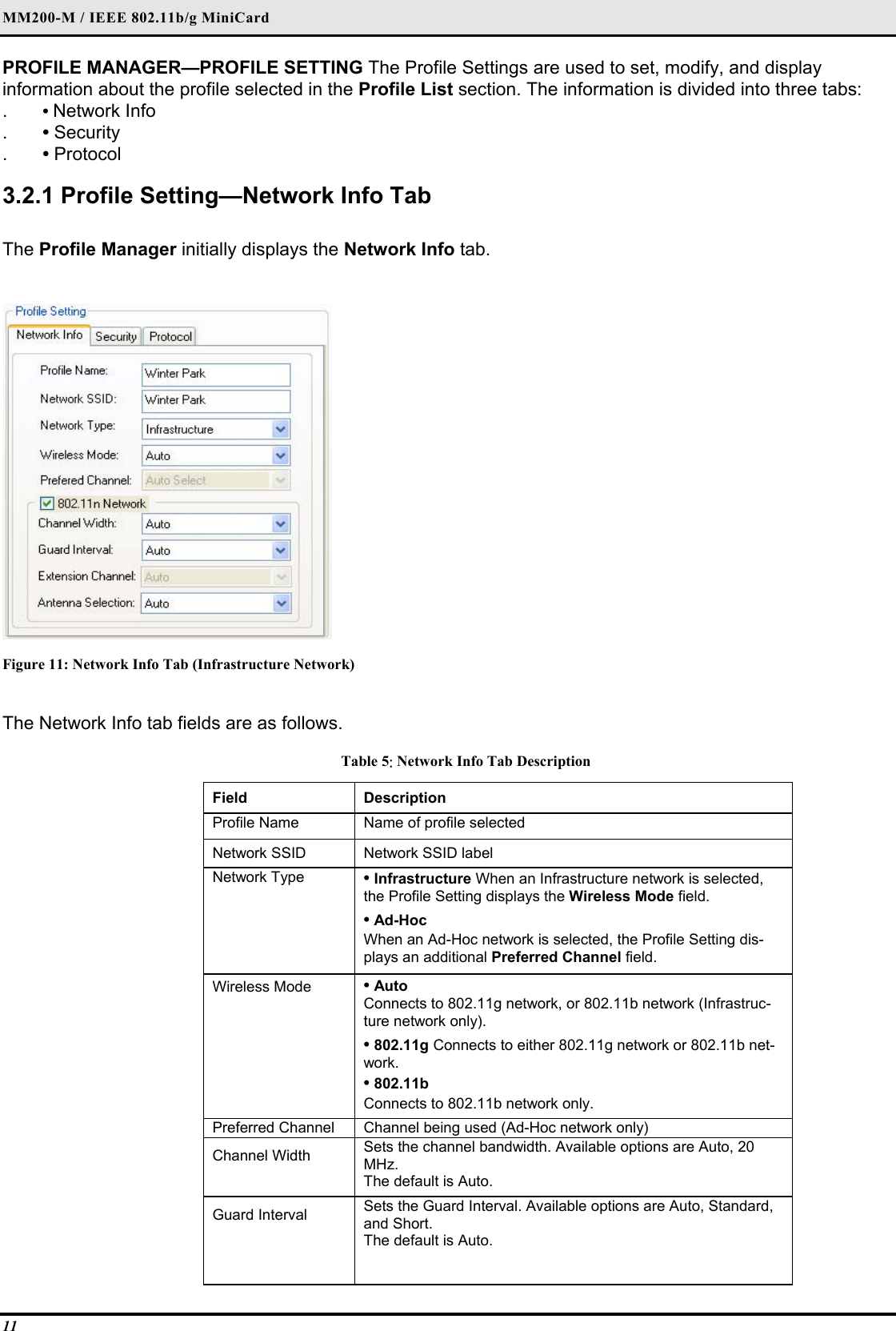 MM200-M / IEEE 802.11b/g MiniCard 11 PROFILE MANAGER—PROFILE SETTING The Profile Settings are used to set, modify, and display information about the profile selected in the Profile List section. The information is divided into three tabs:  .  • Network Info  .  • Security  .  • Protocol   3.2.1 Profile Setting—Network Info Tab  The Profile Manager initially displays the Network Info tab.   Figure 11: Network Info Tab (Infrastructure Network)  The Network Info tab fields are as follows.  Table 5: Network Info Tab Description Field  Description  Profile Name   Name of profile selected  Network SSID   Network SSID label  Network Type   • Infrastructure When an Infrastructure network is selected, the Profile Setting displays the Wireless Mode field.   • Ad-Hoc   When an Ad-Hoc network is selected, the Profile Setting dis-plays an additional Preferred Channel field.  Wireless Mode   • Auto   Connects to 802.11g network, or 802.11b network (Infrastruc-ture network only).   • 802.11g Connects to either 802.11g network or 802.11b net-work.   • 802.11b   Connects to 802.11b network only.  Preferred Channel   Channel being used (Ad-Hoc network only)  Channel Width   Sets the channel bandwidth. Available options are Auto, 20 MHz.  The default is Auto.  Guard Interval   Sets the Guard Interval. Available options are Auto, Standard, and Short.   The default is Auto.    