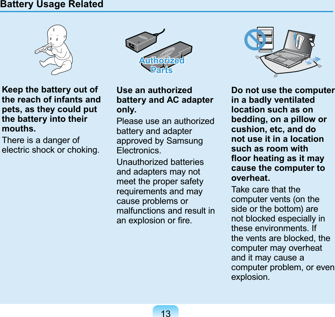 13Keep the battery out of the reach of infants and pets, as they could put the battery into their mouths.There is a danger ofHOHFWULFVKRFNRUFKRNLQJAuthorized PartsUse an authorized battery and AC adapter only.Please use an authorizedbattery and adapterapproved by Samsung(OHFWURQLFVUnauthorized batteriesand adapters may notmeet the proper safetyrequirements and maycause problems ormalfunctions and result inDQH[SORVLRQRU¿UHDo not use the computer in a badly ventilated location such as on bedding, on a pillow or cushion, etc, and do not use it in a location such as room with ÀRRUKHDWLQJDVLWPD\cause the computer to overheat.Take care that thecomputervents(ontheside or the bottom) arenot blocked especially inWKHVHHQYLURQPHQWV,Itheventsareblocked,thecomputer may overheatanditmaycauseacomputer problem, or evenH[SORVLRQBattery Usage Related