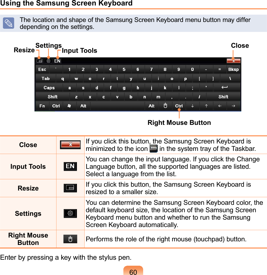 60Using the Samsung Screen KeyboardThelocationandshapeoftheSamsungScreenKeyboardmenubuttonmaydifferGHSHQGLQJRQWKHVHWWLQJVResize Input Tools CloseSettingsRight Mouse ButtonClose If you click this button, the Samsung Screen Keyboard isminimized to the icon LQWKHV\VWHPWUD\RIWKH7DVNEDUInput Tools&lt;RXFDQFKDQJHWKHLQSXWODQJXDJH,I\RXFOLFNWKH&amp;KDQJH/DQJXDJHEXWWRQDOOWKHVXSSRUWHGODQJXDJHVDUHOLVWHG6HOHFWDODQJXDJHIURPWKHOLVWResize If you click this button, the Samsung Screen Keyboard isUHVL]HGWRDVPDOOHUVL]HSettingsYoucandeterminetheSamsungScreenKeyboardcolor,thedefaultkeyboardsize,thelocationoftheSamsungScreenKeyboardmenubuttonandwhethertoruntheSamsung6FUHHQ.H\ERDUGDXWRPDWLFDOO\Right Mouse Button 3HUIRUPVWKHUROHRIWKHULJKWPRXVHWRXFKSDGEXWWRQ(QWHUE\SUHVVLQJDNH\ZLWKWKHVW\OXVSHQ