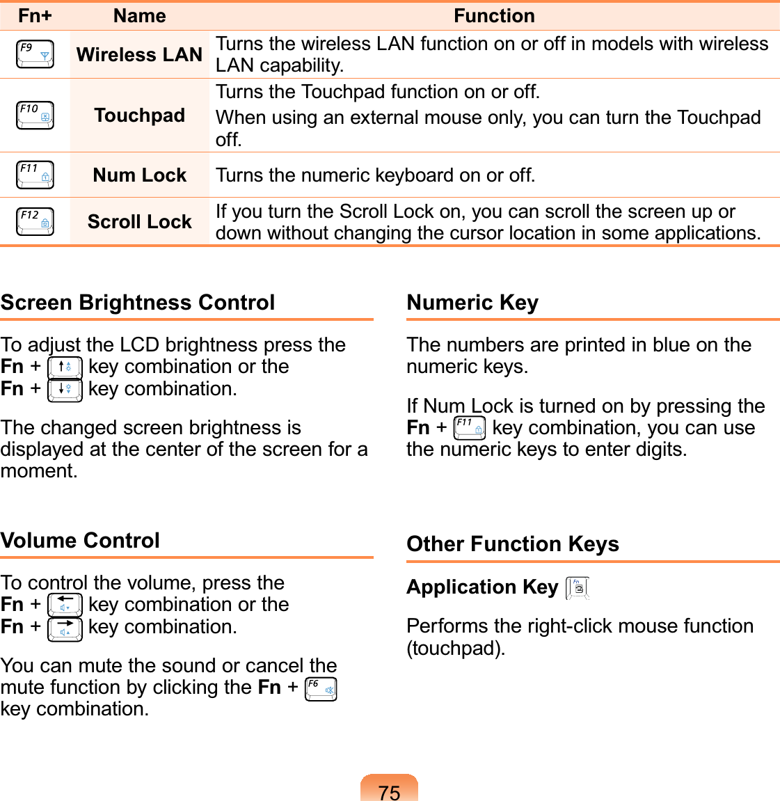 75Fn+ Name FunctionWireless LAN TurnsthewirelessLANfunctiononoroffinmodelswithwireless/$1FDSDELOLW\Touchpad7XUQVWKH7RXFKSDGIXQFWLRQRQRURIIWhen using an external mouse only, you can turn the TouchpadRIINum Lock 7XUQVWKHQXPHULFNH\ERDUGRQRURIIScroll Lock IfyouturntheScrollLockon,youcanscrollthescreenuporGRZQZLWKRXWFKDQJLQJWKHFXUVRUORFDWLRQLQVRPHDSSOLFDWLRQVScreen Brightness Control7RDGMXVWWKH/&amp;&apos;EULJKWQHVVSUHVVWKHFn +key combination or theFn +NH\FRPELQDWLRQThechangedscreenbrightnessisdisplayedatthecenterofthescreenforaPRPHQWVolume ControlTo control the volume, press theFn +key combination or theFn +NH\FRPELQDWLRQYoucanmutethesoundorcancelthemutefunctionbyclickingtheFn +NH\FRPELQDWLRQNumeric KeyThe numbers are printed in blue on theQXPHULFNH\VIfNumLockisturnedonbypressingtheFn +key combination, you can useWKHQXPHULFNH\VWRHQWHUGLJLWVOther Function KeysApplication Key Performs the right-click mouse functionWRXFKSDG
