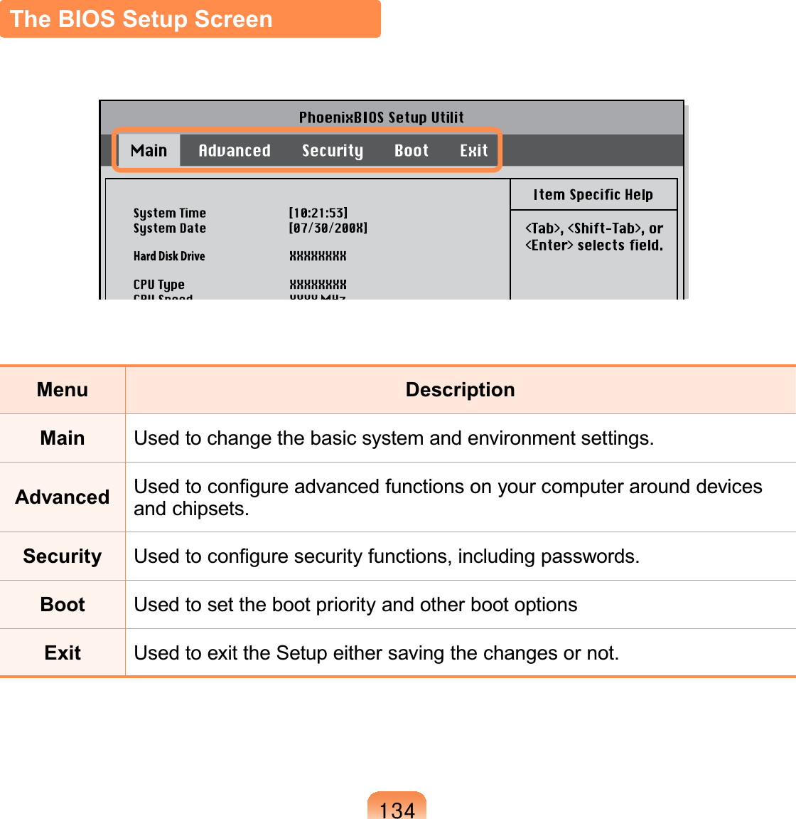 467The BIOS Setup ScreenMenu DescriptionMain 8VHGWRFKDQJHWKHEDVLFV\VWHPDQGHQYLURQPHQWVHWWLQJVAdvanced 8VHGWRFRQ¿JXUHDGYDQFHGIXQFWLRQVRQ\RXUFRPSXWHUDURXQGGHYLFHVDQGFKLSVHWVSecurity 8VHGWRFRQ¿JXUHVHFXULW\IXQFWLRQVLQFOXGLQJSDVVZRUGVBoot Used to set the boot priority and other boot optionsExit 8VHGWRH[LWWKH6HWXSHLWKHUVDYLQJWKHFKDQJHVRUQRW