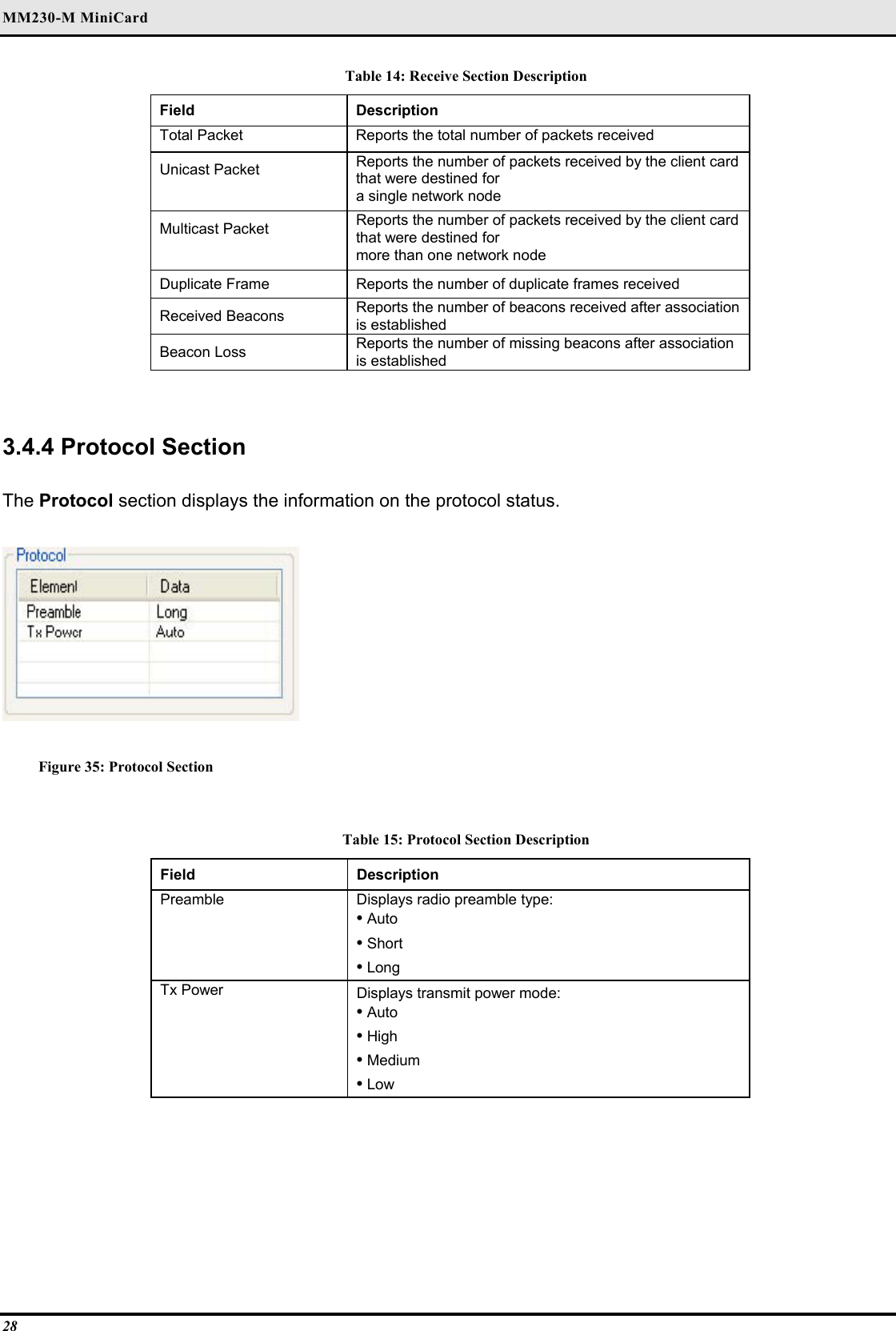 MM230-M MiniCard 28 Table 14: Receive Section Description Field  Description  Total Packet   Reports the total number of packets received  Unicast Packet   Reports the number of packets received by the client card that were destined for   a single network node  Multicast Packet   Reports the number of packets received by the client card that were destined for   more than one network node  Duplicate Frame   Reports the number of duplicate frames received  Received Beacons   Reports the number of beacons received after association is established  Beacon Loss   Reports the number of missing beacons after association is established    3.4.4 Protocol Section  The Protocol section displays the information on the protocol status.   Figure 35: Protocol Section  Table 15: Protocol Section Description Field  Description  Preamble   Displays radio preamble type: • Auto   • Short   • Long  Tx Power   Displays transmit power mode:  • Auto   • High   • Medium   • Low    