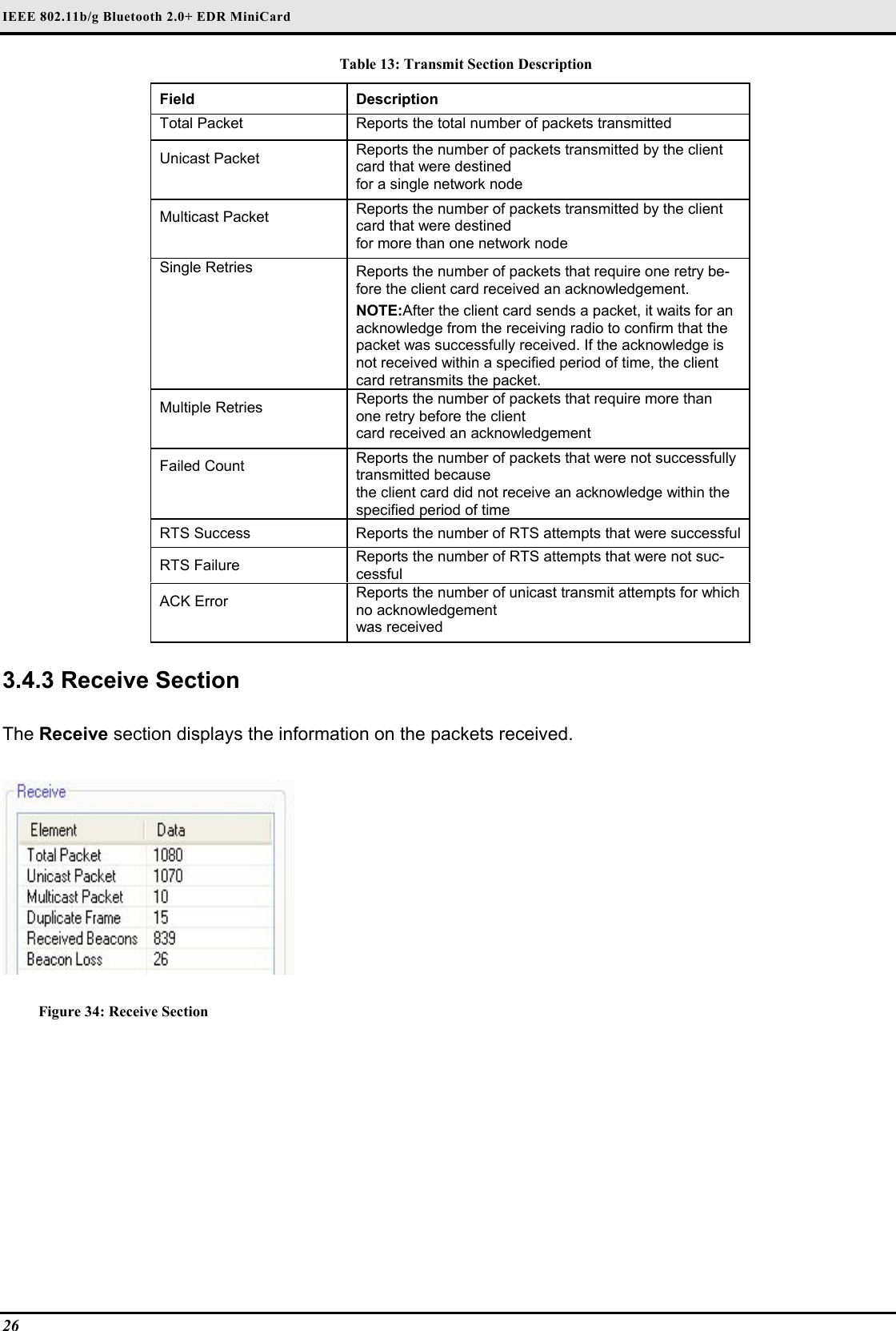 IEEE 802.11b/g Bluetooth 2.0+ EDR MiniCard                                  26   Table 13: Transmit Section Description Field  Description  Total Packet   Reports the total number of packets transmitted  Unicast Packet   Reports the number of packets transmitted by the client card that were destined   for a single network node  Multicast Packet   Reports the number of packets transmitted by the client card that were destined   for more than one network node  Single Retries   Reports the number of packets that require one retry be-fore the client card received an acknowledgement.   NOTE:After the client card sends a packet, it waits for an acknowledge from the receiving radio to confirm that the packet was successfully received. If the acknowledge is not received within a specified period of time, the client card retransmits the packet.  Multiple Retries   Reports the number of packets that require more than one retry before the client   card received an acknowledgement  Failed Count   Reports the number of packets that were not successfully transmitted because   the client card did not receive an acknowledge within the specified period of time  RTS Success   Reports the number of RTS attempts that were successful  RTS Failure   Reports the number of RTS attempts that were not suc-cessful  ACK Error   Reports the number of unicast transmit attempts for which no acknowledgement   was received   3.4.3 Receive Section  The Receive section displays the information on the packets received.   Figure 34: Receive Section   