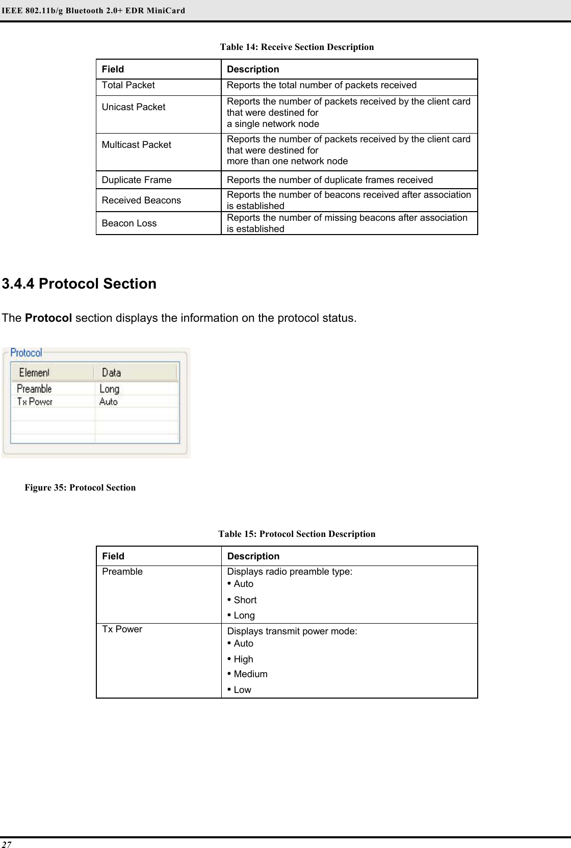 IEEE 802.11b/g Bluetooth 2.0+ EDR MiniCard 27 Table 14: Receive Section Description Field  Description  Total Packet   Reports the total number of packets received  Unicast Packet   Reports the number of packets received by the client card that were destined for   a single network node  Multicast Packet   Reports the number of packets received by the client card that were destined for   more than one network node  Duplicate Frame   Reports the number of duplicate frames received  Received Beacons   Reports the number of beacons received after association is established  Beacon Loss   Reports the number of missing beacons after association is established    3.4.4 Protocol Section  The Protocol section displays the information on the protocol status.   Figure 35: Protocol Section  Table 15: Protocol Section Description Field  Description  Preamble   Displays radio preamble type: • Auto   • Short   • Long  Tx Power   Displays transmit power mode:  • Auto   • High   • Medium   • Low    