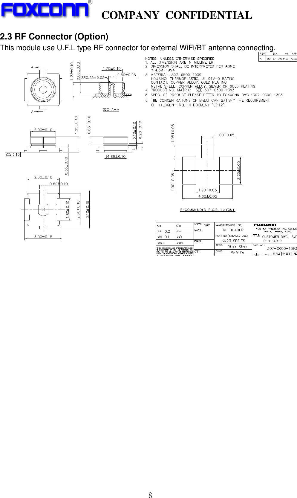    COMPANY  CONFIDENTIAL             8 2.3 RF Connector (Option) This module use U.F.L type RF connector for external WiFi/BT antenna connecting.                       