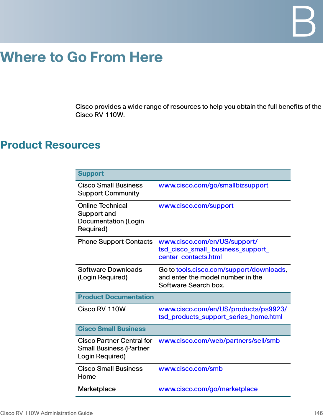 BCisco RV 110W Administration Guide 146 Where to Go From HereCisco provides a wide range of resources to help you obtain the full benefits of the Cisco RV 110W.Product ResourcesSupportCisco Small Business Support Communitywww.cisco.com/go/smallbizsupportOnline Technical Support and Documentation (Login Required)www.cisco.com/supportPhone Support Contacts www.cisco.com/en/US/support/tsd_cisco_small_ business_support_ center_contacts.htmlSoftware Downloads(Login Required)Go to tools.cisco.com/support/downloads, and enter the model number in the Software Search box.Product DocumentationCisco RV 110W www.cisco.com/en/US/products/ps9923/tsd_products_support_series_home.htmlCisco Small BusinessCisco Partner Central for Small Business (Partner Login Required)www.cisco.com/web/partners/sell/smbCisco Small Business Homewww.cisco.com/smbMarketplace www.cisco.com/go/marketplace