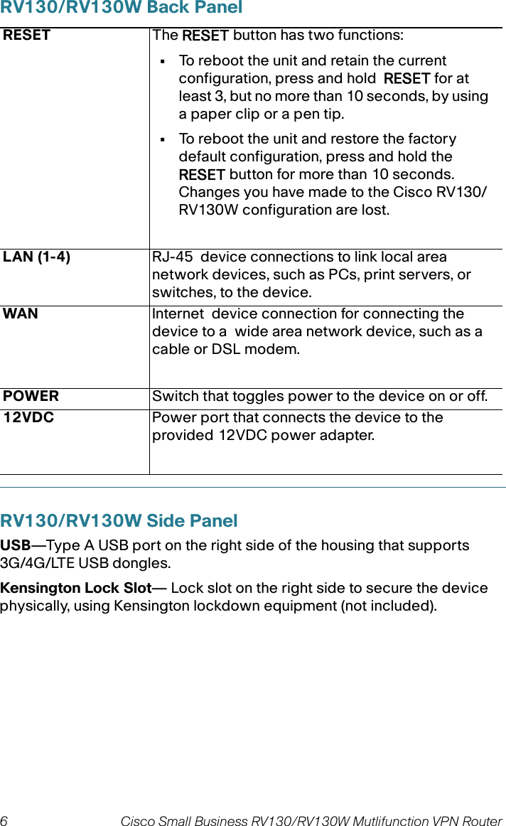 6 Cisco Small Business RV130/RV130W Mutlifunction VPN Router  RV130/RV130W Back Panel RV130/RV130W Side Panel USB—Type A USB port on the right side of the housing that supports 3G/4G/LTE USB dongles. Kensington Lock Slot— Lock slot on the right side to secure the device physically, using Kensington lockdown equipment (not included).RESET The RESET button has two functions:•To reboot the unit and retain the current  configuration, press and hold  RESET for at least 3, but no more than 10 seconds, by using  a paper clip or a pen tip. •To reboot the unit and restore the factory default configuration, press and hold the RESET button for more than 10 seconds.  Changes you have made to the Cisco RV130/RV130W configuration are lost.LAN (1-4) RJ-45  device connections to link local area network devices, such as PCs, print servers, or switches, to the device.WAN  Internet  device connection for connecting the device to a  wide area network device, such as a cable or DSL modem.POWER Switch that toggles power to the device on or off. 12VDC Power port that connects the device to the  provided 12VDC power adapter. 