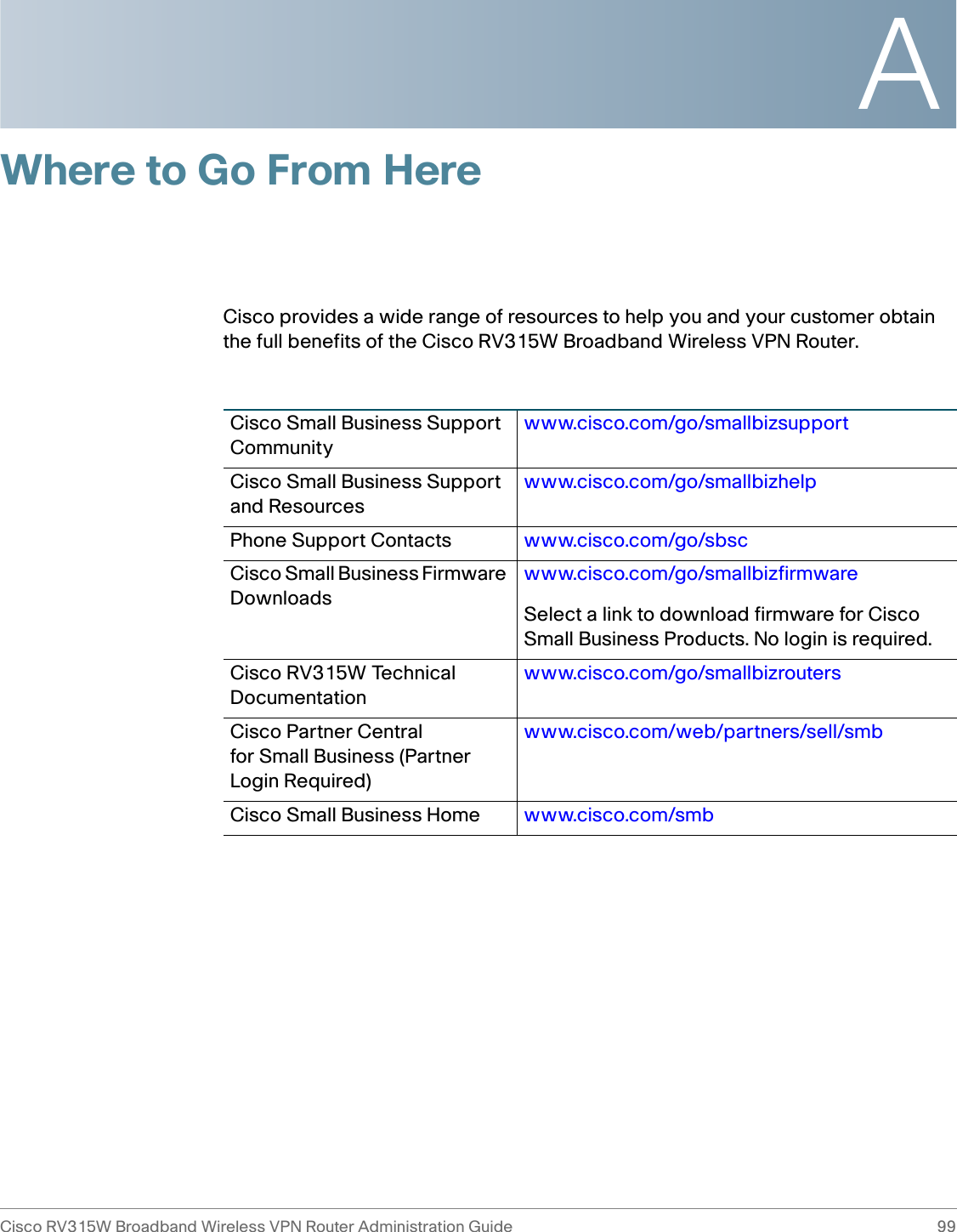 ACisco RV315W Broadband Wireless VPN Router Administration Guide 99Where to Go From HereCisco provides a wide range of resources to help you and your customer obtain the full benefits of the Cisco RV315W Broadband Wireless VPN Router.Cisco Small Business Support Communitywww.cisco.com/go/smallbizsupportCisco Small Business Support and Resourceswww.cisco.com/go/smallbizhelpPhone Support Contacts www.cisco.com/go/sbscCisco Small Business Firmware Downloadswww.cisco.com/go/smallbizfirmwareSelect a link to download firmware for Cisco Small Business Products. No login is required.Cisco RV315W Technical Documentationwww.cisco.com/go/smallbizroutersCisco Partner Central for Small Business (Partner Login Required)www.cisco.com/web/partners/sell/smbCisco Small Business Home www.cisco.com/smb