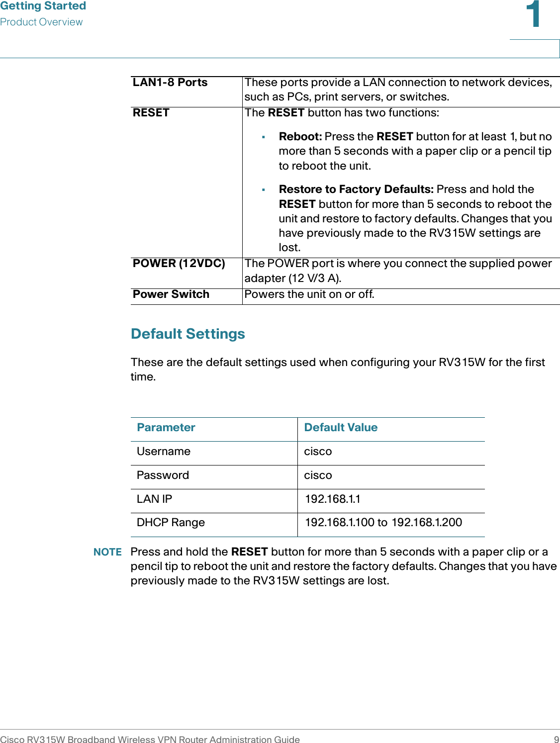 Getting StartedProduct OverviewCisco RV315W Broadband Wireless VPN Router Administration Guide 91Default SettingsThese are the default settings used when configuring your RV315W for the first time. NOTE Press and hold the RESET button for more than 5 seconds with a paper clip or a pencil tip to reboot the unit and restore the factory defaults. Changes that you have previously made to the RV315W settings are lost. LAN1-8 Ports These ports provide a LAN connection to network devices, such as PCs, print servers, or switches.RESET The RESET button has two functions:•Reboot: Press the RESET button for at least 1, but no more than 5 seconds with a paper clip or a pencil tip to reboot the unit.•Restore to Factory Defaults: Press and hold the RESET button for more than 5 seconds to reboot the unit and restore to factory defaults. Changes that you have previously made to the RV315W settings are lost.POWER (12VDC) The POWER port is where you connect the supplied power adapter (12 V/3 A).Power Switch Powers the unit on or off.  Parameter Default ValueUsername ciscoPassword ciscoLAN IP 192.168.1.1DHCP Range 192.168.1.100 to 192.168.1.200