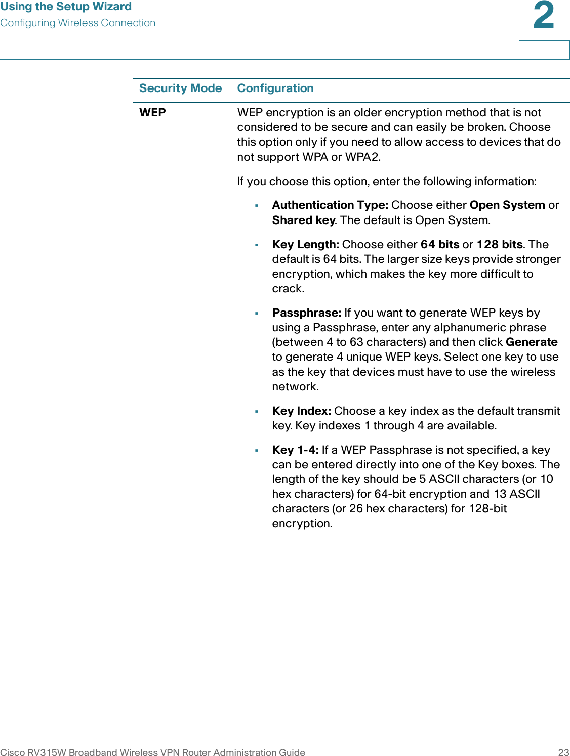 Using the Setup WizardConfiguring Wireless ConnectionCisco RV315W Broadband Wireless VPN Router Administration Guide 232WEP WEP encryption is an older encryption method that is not considered to be secure and can easily be broken. Choose this option only if you need to allow access to devices that do not support WPA or WPA2.If you choose this option, enter the following information: •Authentication Type: Choose either Open System or Shared key. The default is Open System. •Key Length: Choose either 64 bits or 128 bits. The default is 64 bits. The larger size keys provide stronger encryption, which makes the key more difficult to crack.•Passphrase: If you want to generate WEP keys by using a Passphrase, enter any alphanumeric phrase (between 4 to 63 characters) and then click Generate to generate 4 unique WEP keys. Select one key to use as the key that devices must have to use the wireless network.•Key Index: Choose a key index as the default transmit key. Key indexes 1 through 4 are available.•Key 1-4: If a WEP Passphrase is not specified, a key can be entered directly into one of the Key boxes. The length of the key should be 5 ASCII characters (or 10 hex characters) for 64-bit encryption and 13 ASCII characters (or 26 hex characters) for 128-bit encryption.Security Mode Configuration