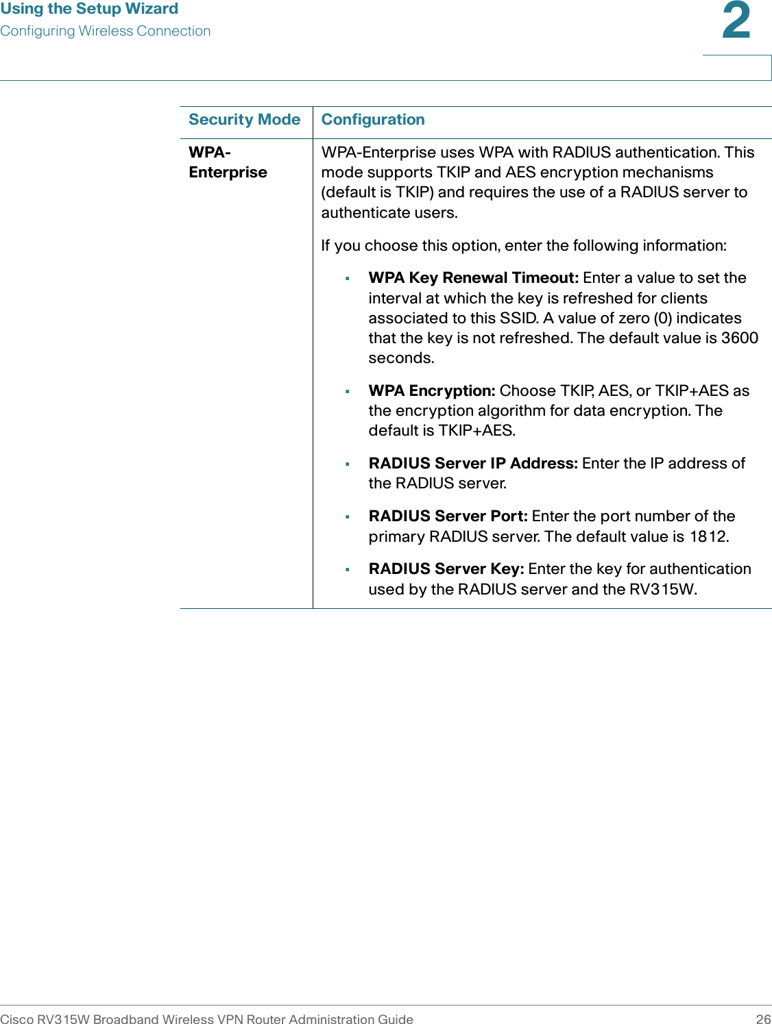 Using the Setup WizardConfiguring Wireless ConnectionCisco RV315W Broadband Wireless VPN Router Administration Guide 262WPA-EnterpriseWPA-Enterprise uses WPA with RADIUS authentication. This mode supports TKIP and AES encryption mechanisms (default is TKIP) and requires the use of a RADIUS server to authenticate users.If you choose this option, enter the following information: •WPA Key Renewal Timeout: Enter a value to set the interval at which the key is refreshed for clients associated to this SSID. A value of zero (0) indicates that the key is not refreshed. The default value is 3600 seconds.•WPA Encryption: Choose TKIP, AES, or TKIP+AES as the encryption algorithm for data encryption. The default is TKIP+AES.•RADIUS Server IP Address: Enter the IP address of the RADIUS server. •RADIUS Server Port: Enter the port number of the primary RADIUS server. The default value is 1812.•RADIUS Server Key: Enter the key for authentication used by the RADIUS server and the RV315W.Security Mode Configuration