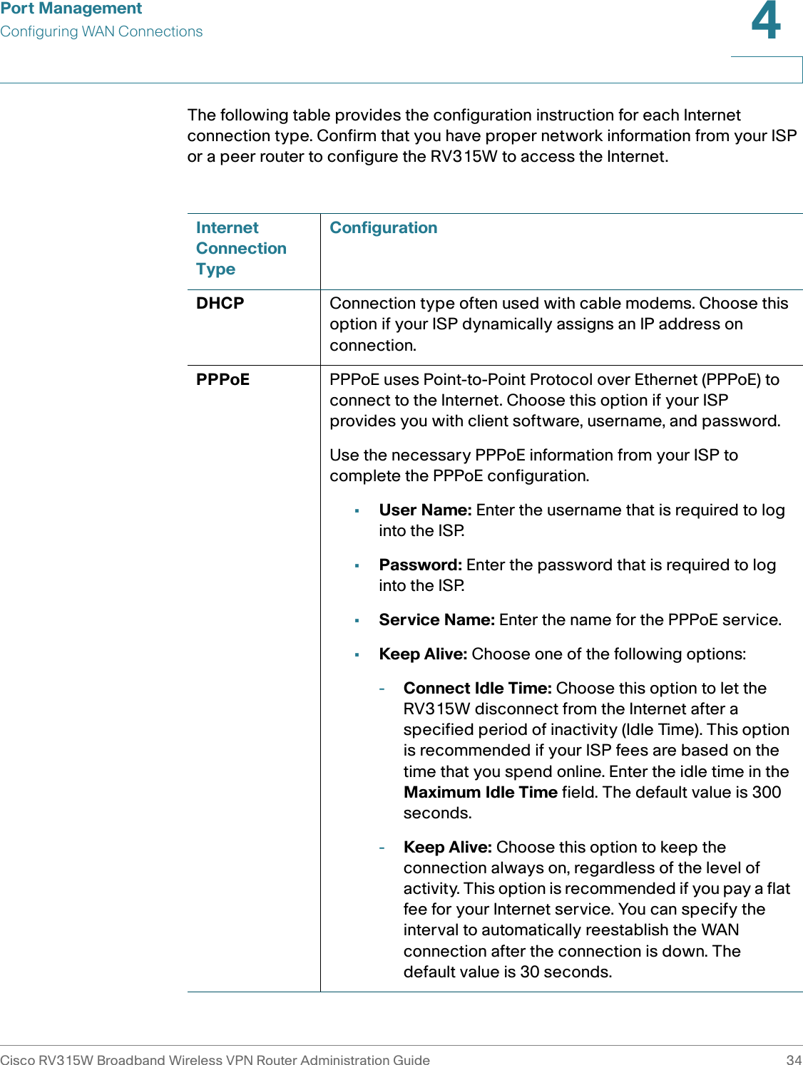 Port ManagementConfiguring WAN ConnectionsCisco RV315W Broadband Wireless VPN Router Administration Guide 344The following table provides the configuration instruction for each Internet connection type. Confirm that you have proper network information from your ISP or a peer router to configure the RV315W to access the Internet.Internet Connection TypeConfigurationDHCP Connection type often used with cable modems. Choose this option if your ISP dynamically assigns an IP address on connection. PPPoE PPPoE uses Point-to-Point Protocol over Ethernet (PPPoE) to connect to the Internet. Choose this option if your ISP provides you with client software, username, and password. Use the necessary PPPoE information from your ISP to complete the PPPoE configuration.•User Name: Enter the username that is required to log into the ISP.•Password: Enter the password that is required to log into the ISP.•Service Name: Enter the name for the PPPoE service. •Keep Alive: Choose one of the following options: -Connect Idle Time: Choose this option to let the RV315W disconnect from the Internet after a specified period of inactivity (Idle Time). This option is recommended if your ISP fees are based on the time that you spend online. Enter the idle time in the Maximum Idle Time field. The default value is 300 seconds.-Keep Alive: Choose this option to keep the connection always on, regardless of the level of activity. This option is recommended if you pay a flat fee for your Internet service. You can specify the interval to automatically reestablish the WAN connection after the connection is down. The default value is 30 seconds.