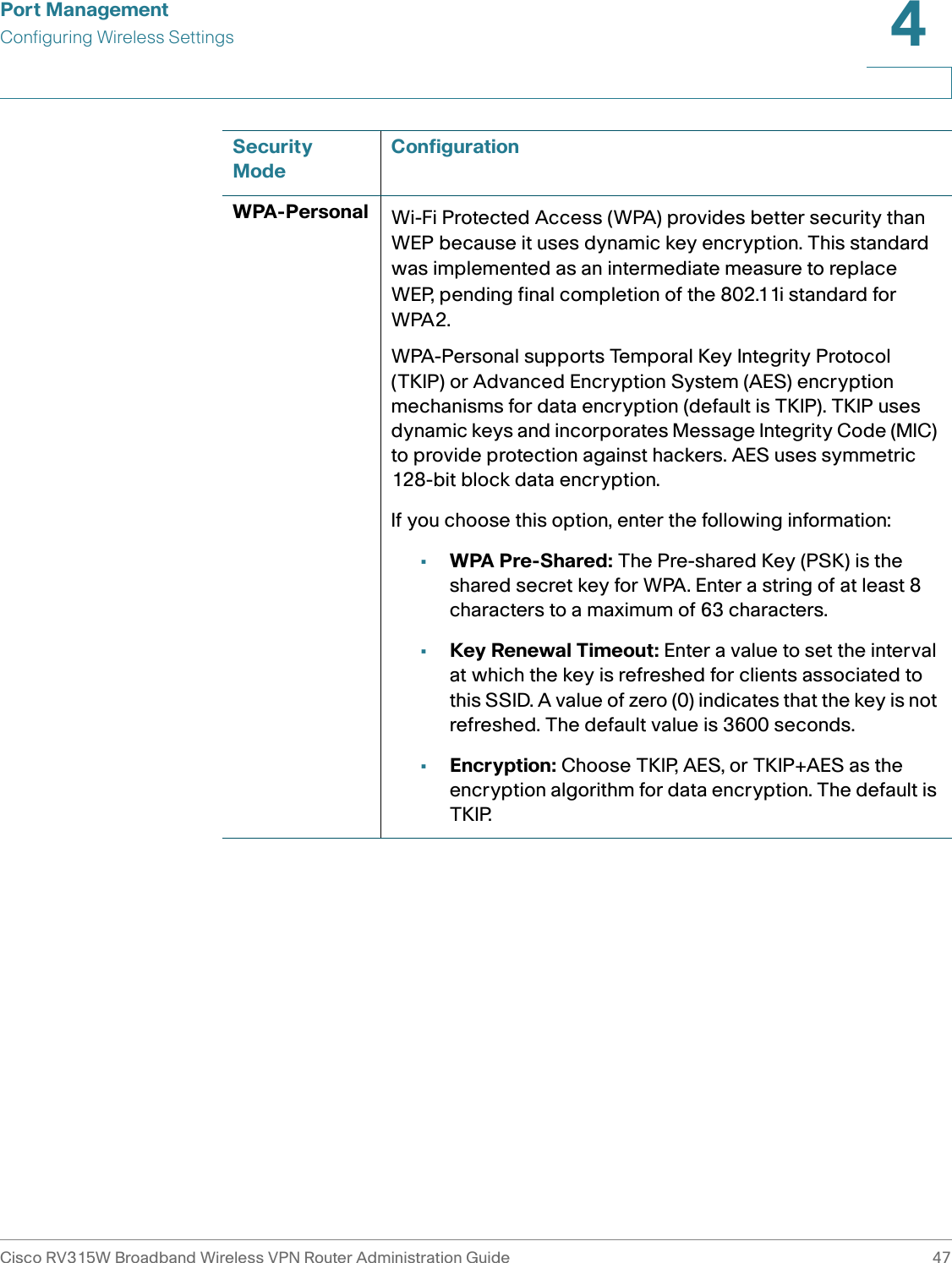 Port ManagementConfiguring Wireless SettingsCisco RV315W Broadband Wireless VPN Router Administration Guide 474WPA-Personal Wi-Fi Protected Access (WPA) provides better security than WEP because it uses dynamic key encryption. This standard was implemented as an intermediate measure to replace WEP, pending final completion of the 802.11i standard for WPA2.WPA-Personal supports Temporal Key Integrity Protocol (TKIP) or Advanced Encryption System (AES) encryption mechanisms for data encryption (default is TKIP). TKIP uses dynamic keys and incorporates Message Integrity Code (MIC) to provide protection against hackers. AES uses symmetric 128-bit block data encryption.If you choose this option, enter the following information: •WPA Pre-Shared: The Pre-shared Key (PSK) is the shared secret key for WPA. Enter a string of at least 8 characters to a maximum of 63 characters.•Key Renewal Timeout: Enter a value to set the interval at which the key is refreshed for clients associated to this SSID. A value of zero (0) indicates that the key is not refreshed. The default value is 3600 seconds.•Encryption: Choose TKIP, AES, or TKIP+AES as the encryption algorithm for data encryption. The default is TKIP.Security ModeConfiguration