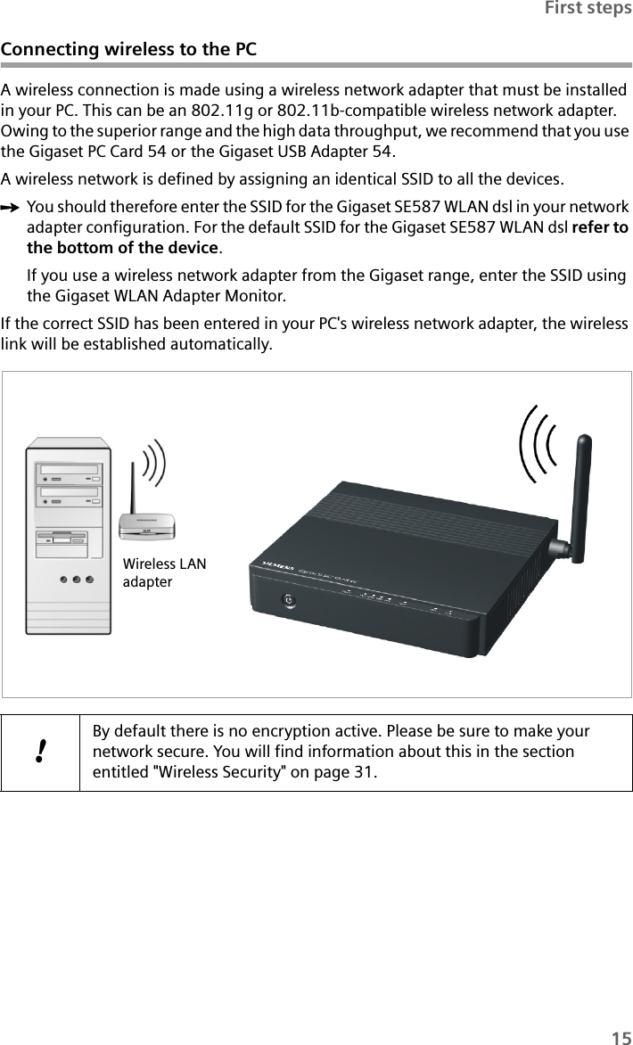 15First stepsConnecting wireless to the PCA wireless connection is made using a wireless network adapter that must be installed in your PC. This can be an 802.11g or 802.11b-compatible wireless network adapter. Owing to the superior range and the high data throughput, we recommend that you use the Gigaset PC Card 54 or the Gigaset USB Adapter 54.A wireless network is defined by assigning an identical SSID to all the devices. ìYou should therefore enter the SSID for the Gigaset SE587 WLAN dsl in your network adapter configuration. For the default SSID for the Gigaset SE587 WLAN dsl refer to the bottom of the device. If you use a wireless network adapter from the Gigaset range, enter the SSID using the Gigaset WLAN Adapter Monitor. If the correct SSID has been entered in your PC&apos;s wireless network adapter, the wireless link will be established automatically.!By default there is no encryption active. Please be sure to make your network secure. You will find information about this in the section entitled &quot;Wireless Security&quot; on page 31.Wireless LANadapter