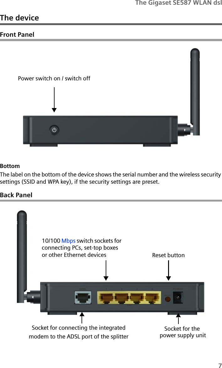 7The Gigaset SE587 WLAN dslThe deviceFront PanelBottomThe label on the bottom of the device shows the serial number and the wireless security settings (SSID and WPA key), if the security settings are preset.Back PanelPower switch on / switch offSocket for the Reset button10/100 Mbps switch sockets for connecting PCs, set-top boxes or other Ethernet devicespower supply unitSocket for connecting the integratedmodem to the ADSL port of the splitter