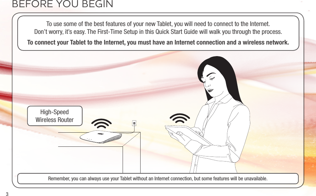 3BEFORE YOU BEGINTo use some of the best features of your new Tablet, you will need to connect to the Internet. Don’t worry, it’s easy. The First-Time Setup in this Quick Start Guide will walk you through the process.To connect your Tablet to the Internet, you must have an Internet connection and a wireless network.Remember, you can always use your Tablet without an Internet connection, but some features will be unavailable.High-Speed  Wireless Router