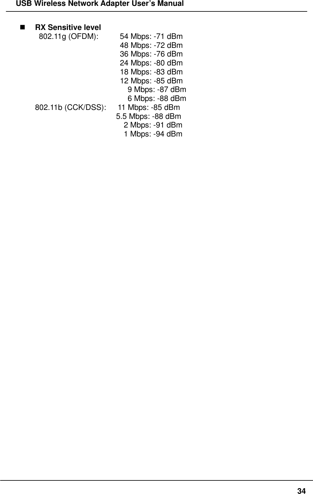   USB Wireless Network Adapter User’s Manual  34  RX Sensitive level 802.11g (OFDM):      54 Mbps: -71 dBm                   48 Mbps: -72 dBm                 36 Mbps: -76 dBm                 24 Mbps: -80 dBm                 18 Mbps: -83 dBm                 12 Mbps: -85 dBm                     9 Mbps: -87 dBm                   6 Mbps: -88 dBm 802.11b (CCK/DSS):      11 Mbps: -85 dBm                   5.5 Mbps: -88 dBm                    2 Mbps: -91 dBm             1 Mbps: -94 dBm  