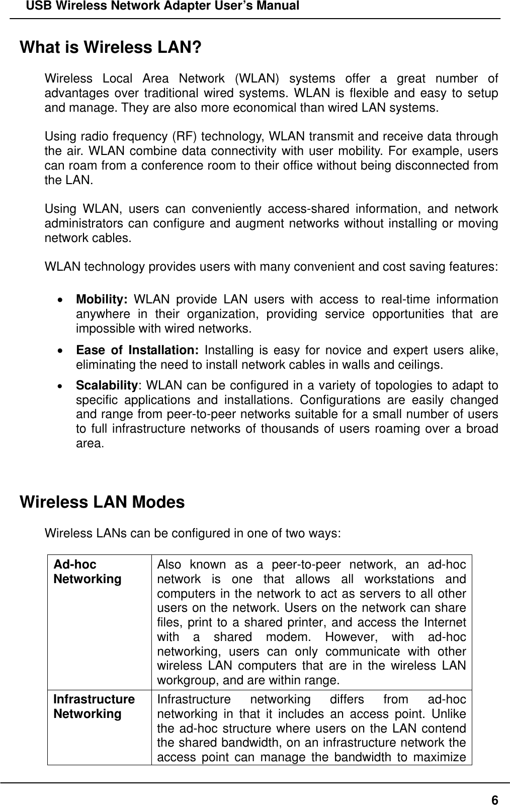   USB Wireless Network Adapter User’s Manual What is Wireless LAN?  Wireless Local Area Network (WLAN) systems offer a great number of advantages over traditional wired systems. WLAN is flexible and easy to setup and manage. They are also more economical than wired LAN systems.  Using radio frequency (RF) technology, WLAN transmit and receive data through the air. WLAN combine data connectivity with user mobility. For example, users can roam from a conference room to their office without being disconnected from the LAN.  Using WLAN, users can conveniently access-shared information, and network administrators can configure and augment networks without installing or moving network cables.  WLAN technology provides users with many convenient and cost saving features:  •  Mobility: WLAN provide LAN users with access to real-time information anywhere in their organization, providing service opportunities that are impossible with wired networks. •  Ease of Installation: Installing is easy for novice and expert users alike, eliminating the need to install network cables in walls and ceilings.   •  Scalability: WLAN can be configured in a variety of topologies to adapt to specific applications and installations. Configurations are easily changed and range from peer-to-peer networks suitable for a small number of users to full infrastructure networks of thousands of users roaming over a broad area.   Wireless LAN Modes  Wireless LANs can be configured in one of two ways:  Ad-hoc  Networking  Also known as a peer-to-peer network, an ad-hoc network is one that allows all workstations and computers in the network to act as servers to all other users on the network. Users on the network can share files, print to a shared printer, and access the Internet with a shared modem. However, with ad-hoc networking, users can only communicate with other wireless LAN computers that are in the wireless LAN workgroup, and are within range. Infrastructure Networking  Infrastructure networking differs from ad-hoc networking in that it includes an access point. Unlike the ad-hoc structure where users on the LAN contend the shared bandwidth, on an infrastructure network the access point can manage the bandwidth to maximize  6