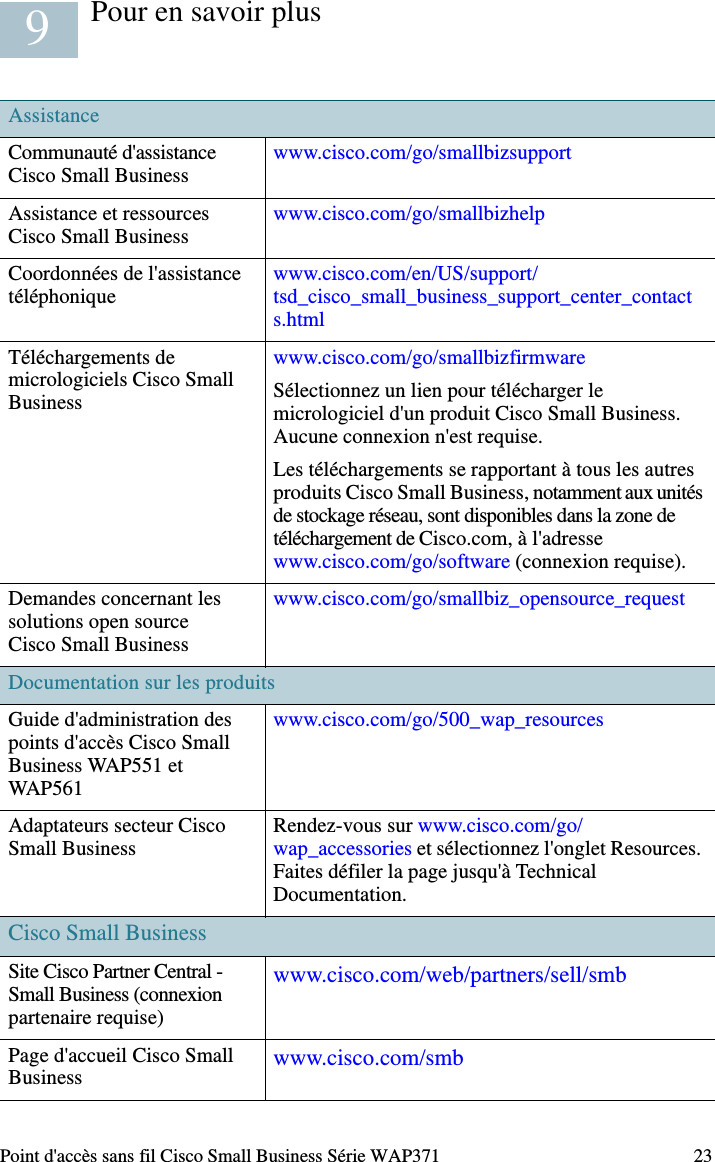 22 Point d&apos;accès sans fil Cisco Small Business Série WAP371Comme le paramètre d&apos;adresse IP est défini par défaut sur DHCP, assurez-vous que le serveur DHCP fonctionne et est accessible. Vous devrez peut-être débrancher et rebrancher les appareils pour qu&apos;ils puissent détecter leur nouvelle adresse IP à partir du serveur DHCP. Vous pouvez ensuite envoyer une requête au serveur DHCP afin de connaître la nouvelle adresse IP. Reportez-vous à l&apos;Étape 2 de la section « Configuration », page 19 pour plus d&apos;informations concernant la recherche de l&apos;adresse DHCP.Si le point d&apos;accès ne reçoit aucune réponse du serveur DHCP (absence de serveur DHCP sur votre réseau) au bout de 60 secondes, il utilise par défaut l&apos;adresse IP statique suivante : 192.168.1.245 et 255.255.255.0 comme masque par défaut. Pour atteindre cette adresse IP, assurez-vous que votre ordinateur se trouve sur le réseau 192.168.1.xxx.Redémarrage des appareils ou restauration des paramètres par défautPour redémarrer votre appareil :• Si l&apos;appareil est alimenté par PoE, débranchez votre câble Ethernet pendant trois secondes, puis rebranchez-le.ou• Avec l&apos;appareil sous tension, appuyez sur le bouton de réinitialisation avec un trombone déplié pendant moins de trois secondes, jusqu&apos;à ce que les DEL s&apos;éteignent. – Une fois que toutes les DEL sont éteintes, relâchez le bouton de réinitialisation.– Relâchez le bouton de réinitialisation dès l&apos;extinction des DEL. Vous risquez autrement de restaurer les paramètres par défaut de l&apos;appareil et de perdre vos configurations.Pour restaurer les paramètres par défaut de l&apos;appareil :• Lorsque l&apos;appareil est sous tension, appuyez sur le bouton de réinitialisation pendant plus de 10 secondes avec l&apos;extrémité d&apos;un trombone.– Toutes les DEL s&apos;éteignent.– Relâchez le bouton de réinitialisation lorsque le voyant d&apos;alimentation s&apos;allume.8